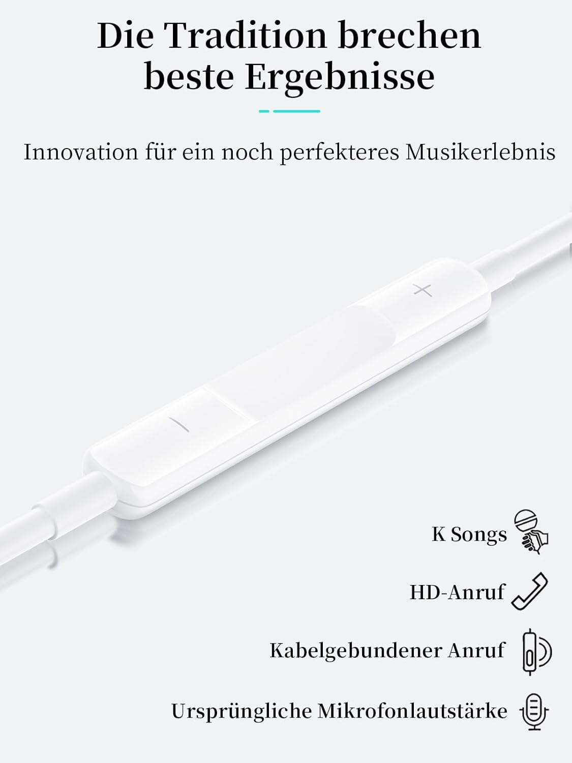 Weiße Kopfhörer mit Fernbedienung, Mikrofon und Texten zu Funktionen.