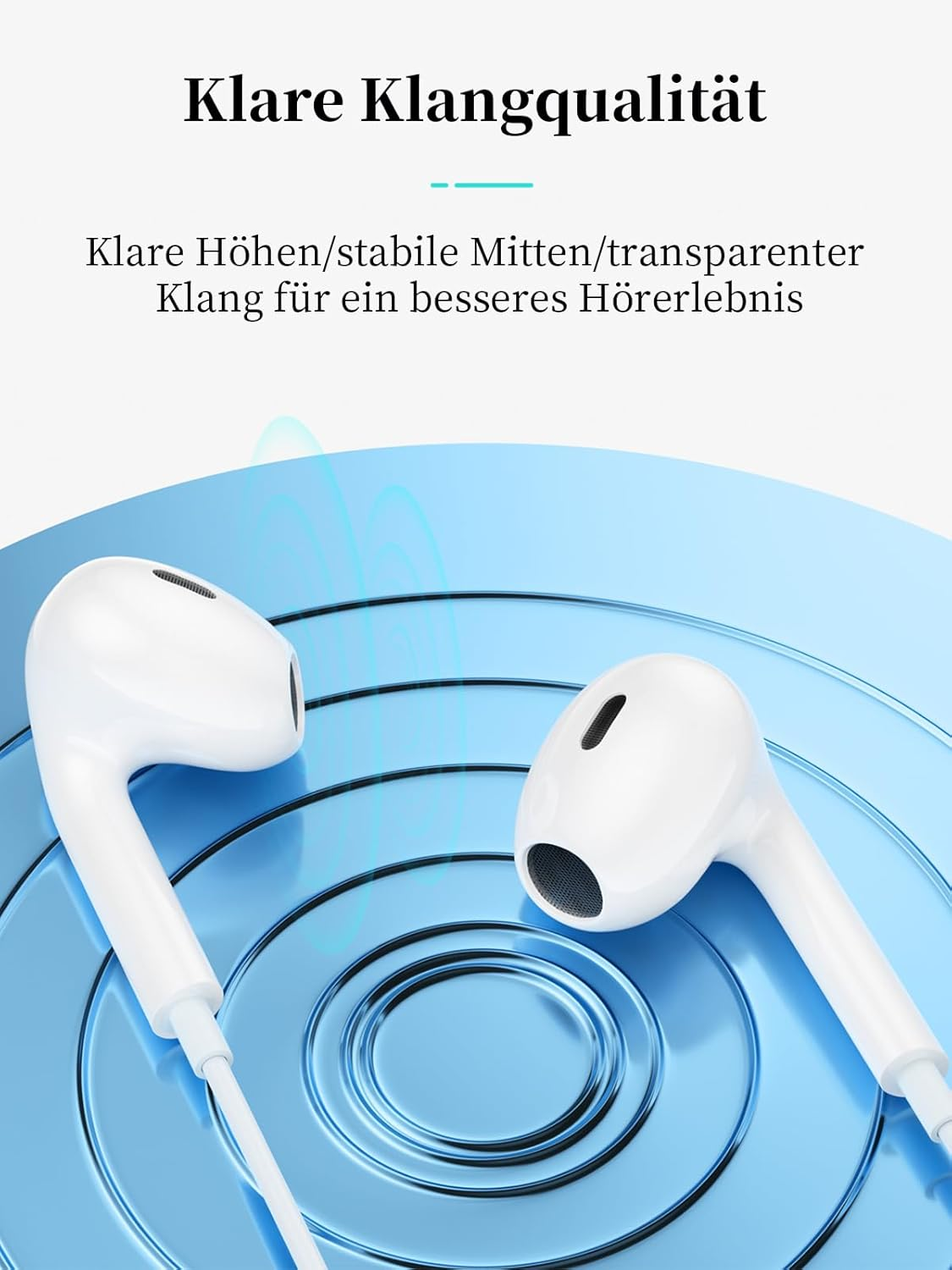 Zwei weiße Ohrhörer liegen auf einem blauen Kreisdesign.