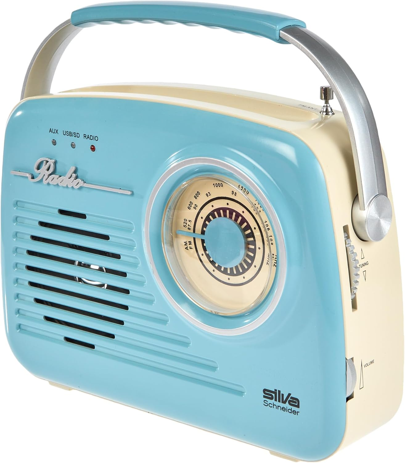 Ein hellblaues und cremefarbenes Retro-Radio mit silbernem Griff und Zifferblatt.