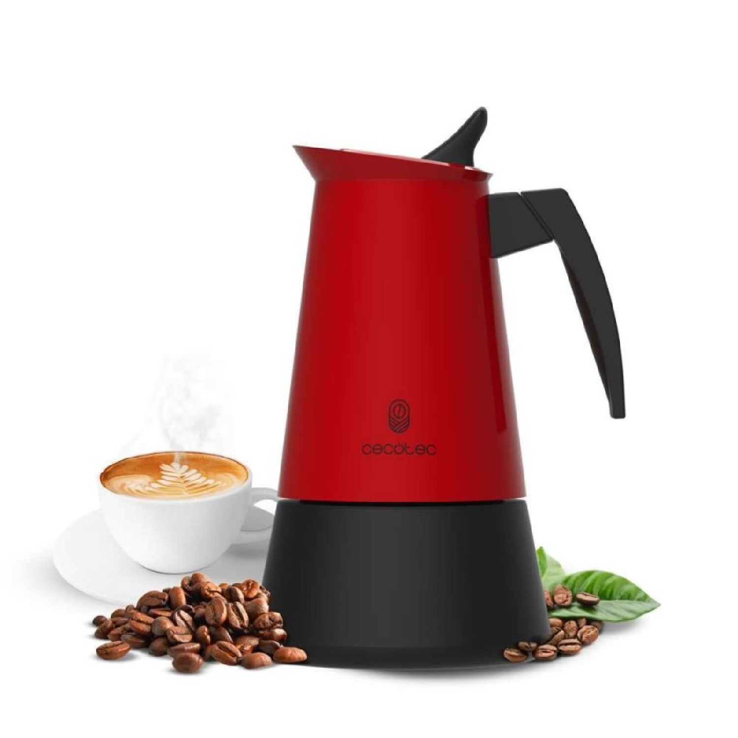 Rote Kaffeemaschine mit schwarzem Griff, daneben eine Tasse Kaffee und Kaffeebohnen.