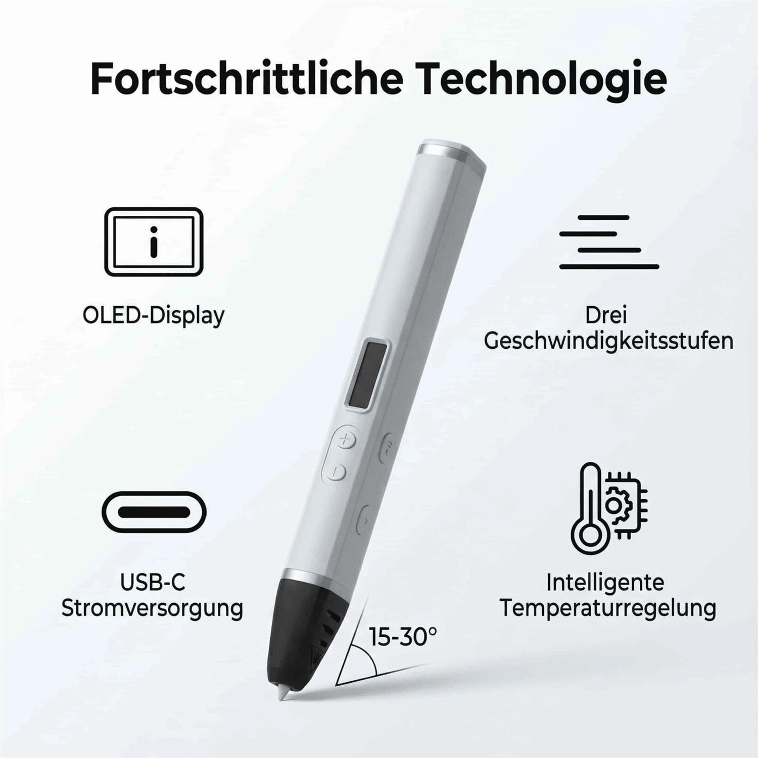Ein 3D-Stift mit OLED-Display, USB-C, 3 Geschwindigkeitsstufen und Temperaturregelung.