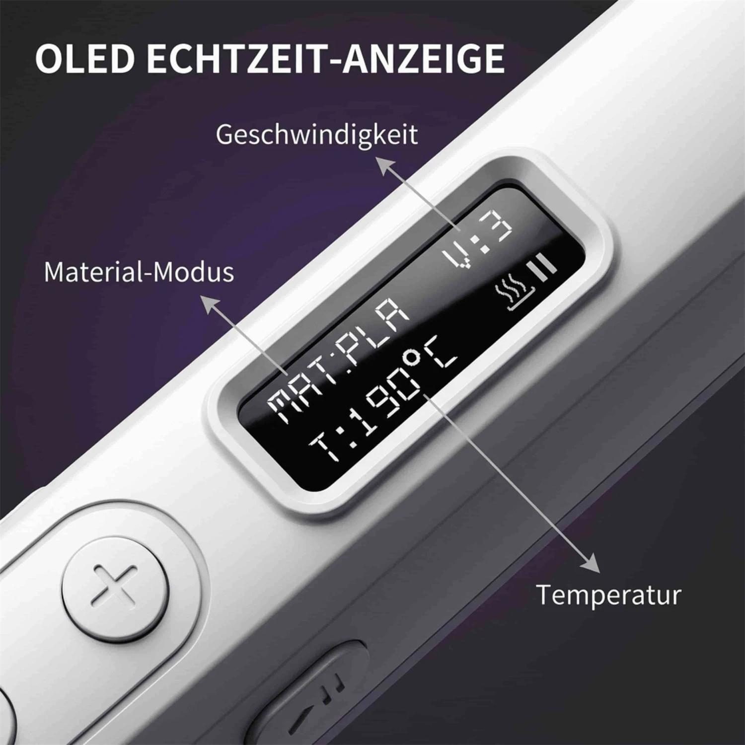 OLED Echtzeitanzeige mit Material-Modus, Geschwindigkeit und Temperatur.