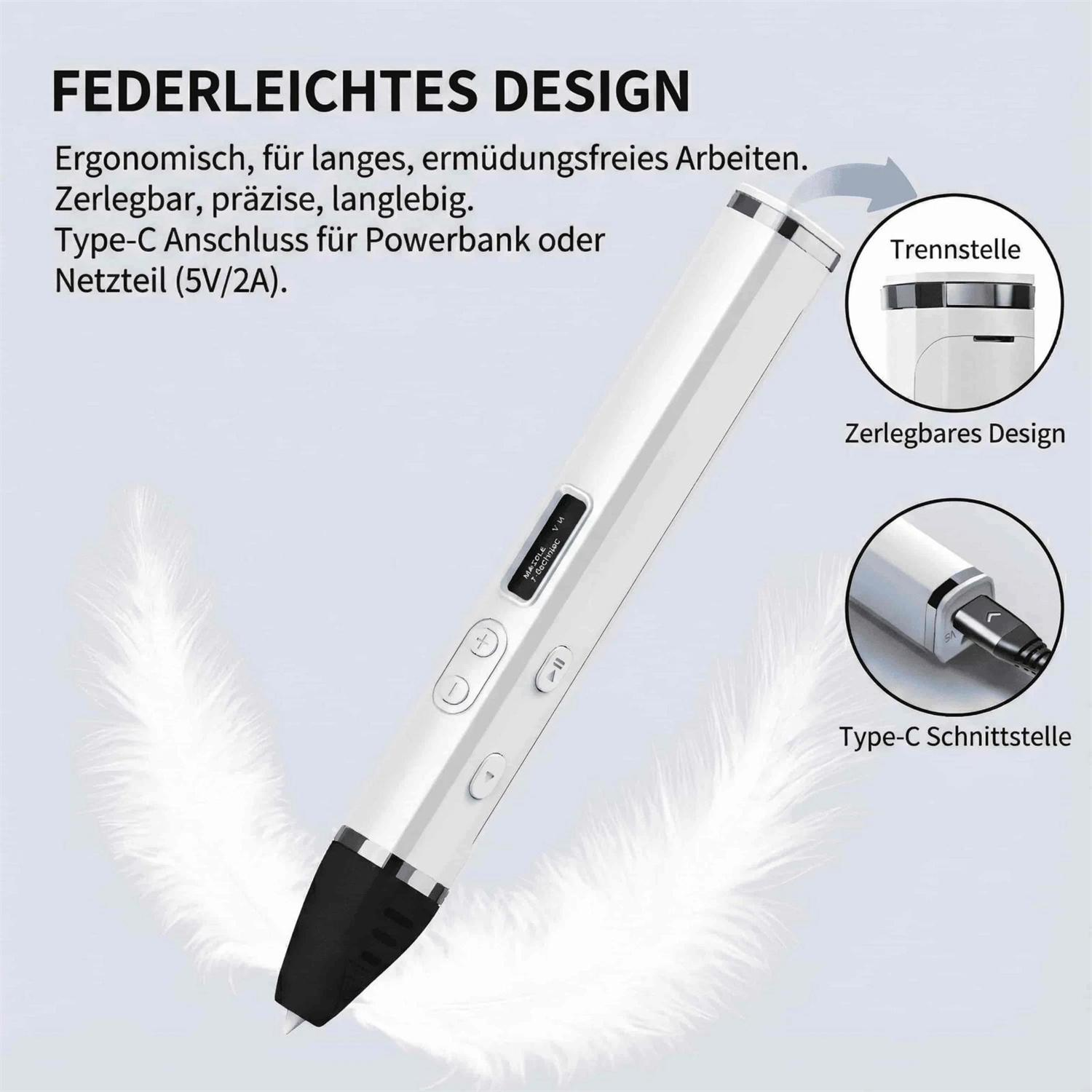 Ein weißer 3D-Stift mit Type-C-Anschluss, zerlegbar und präzise.