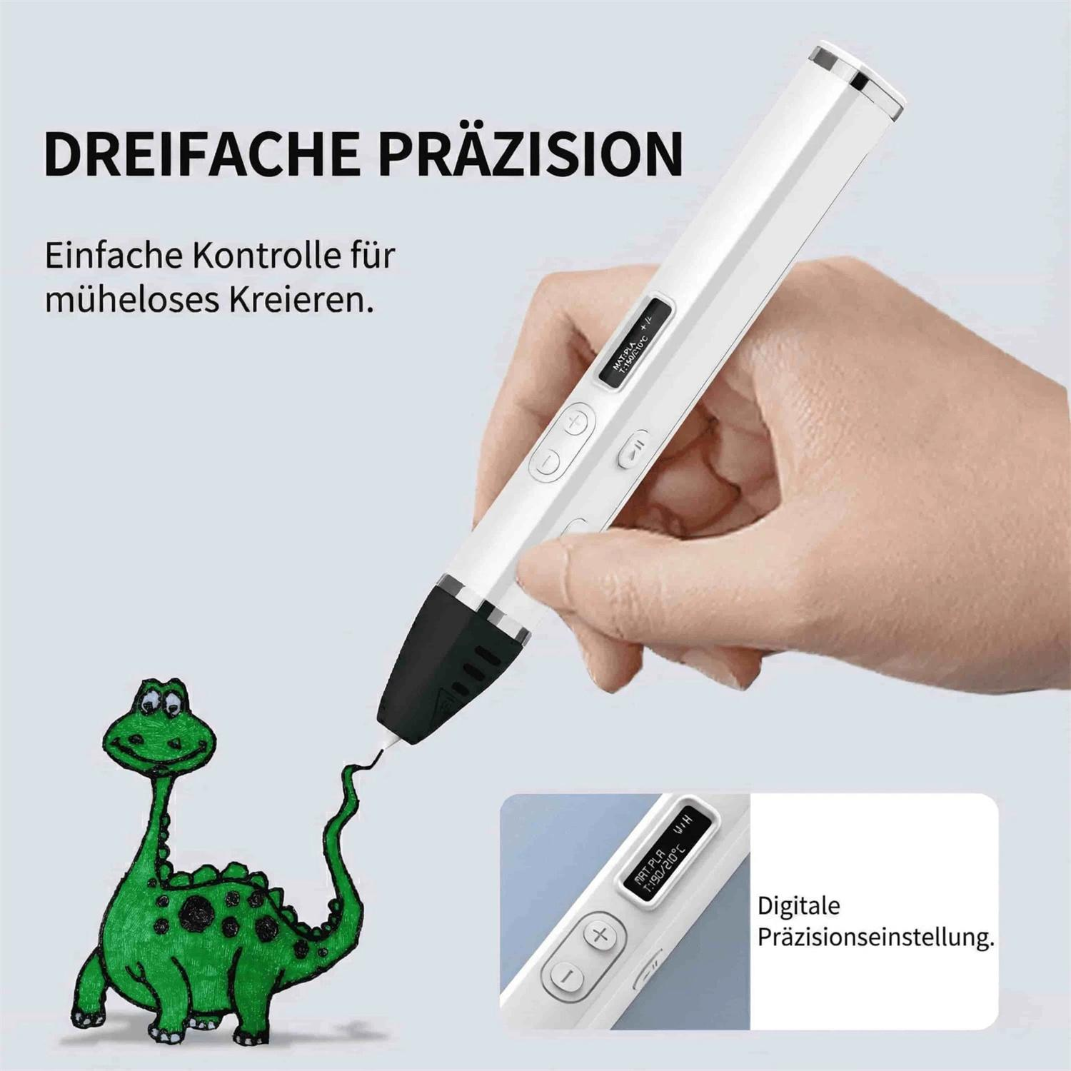 Eine Hand hält einen weißen 3D-Stift, der einen grünen Dinosaurier erstellt. Digitale Präzisionseinstellung.