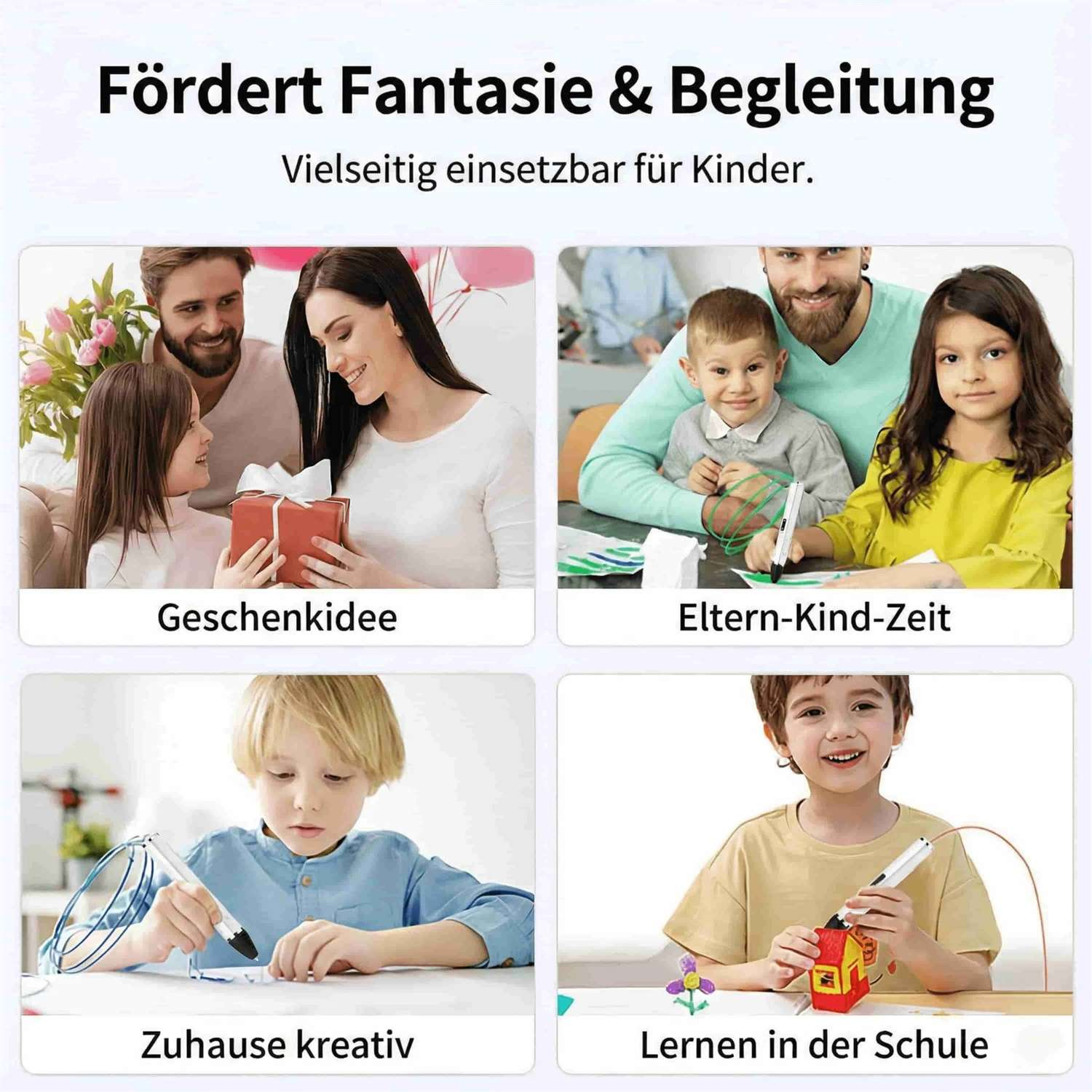 Familie gibt Geschenk, Kinder nutzen 3D-Stifte.