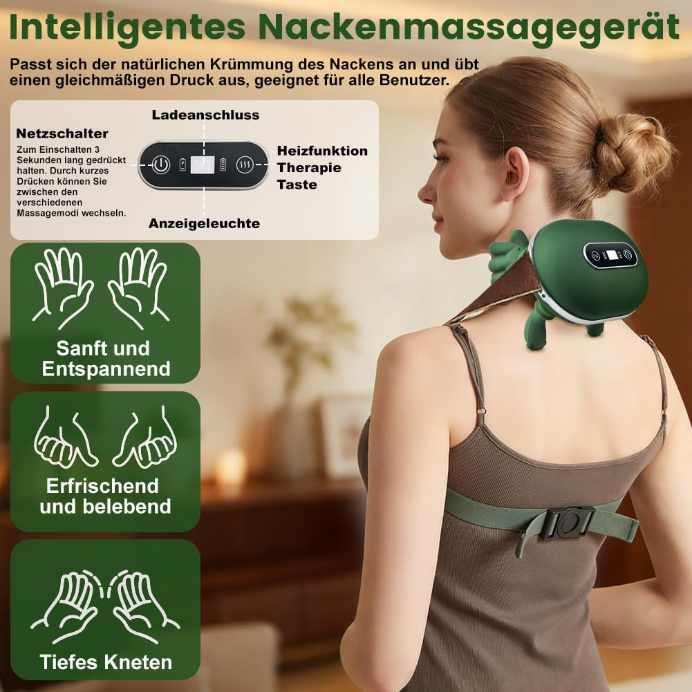 Grünes Nackenmassagegerät mit Bedienungsanleitung und Anwendungsmodi.