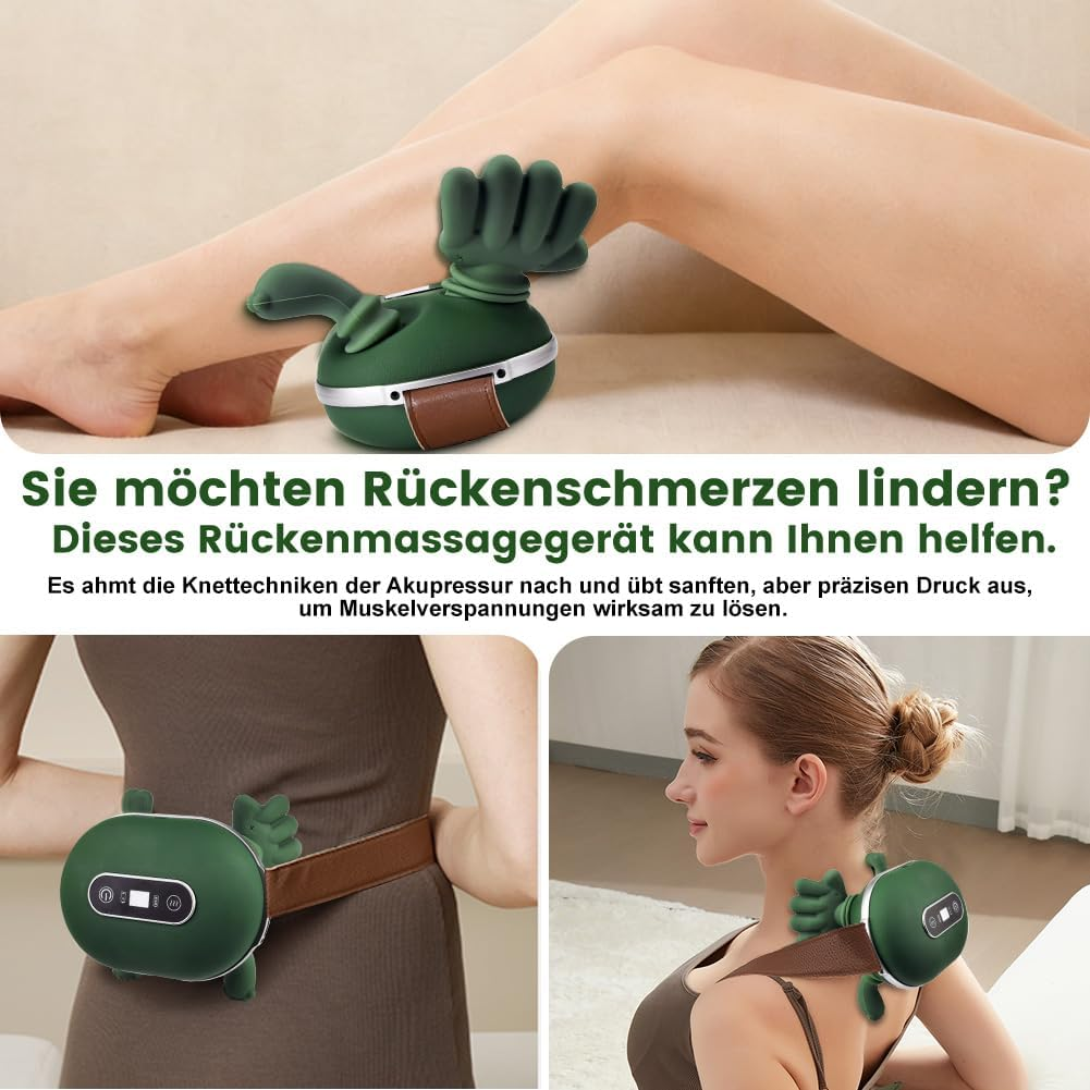 Grünes Massagegerät für den Rücken, das an Beinen, Taille und Schultern gezeigt wird.