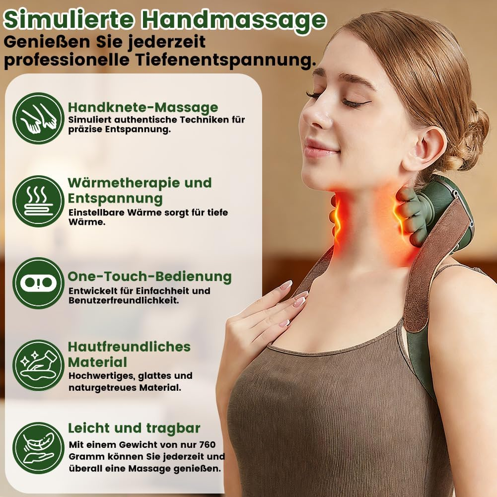 Frau mit Nackenmassagegerät, das simulierte Handmassage und Wärme bietet.