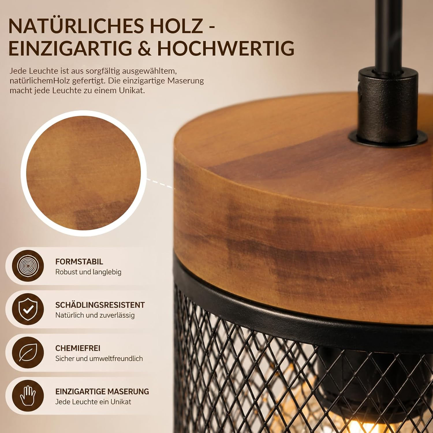 Nahaufnahme einer Lampe aus Holz mit Metallgitter. Text beschreibt natürliche Materialien.