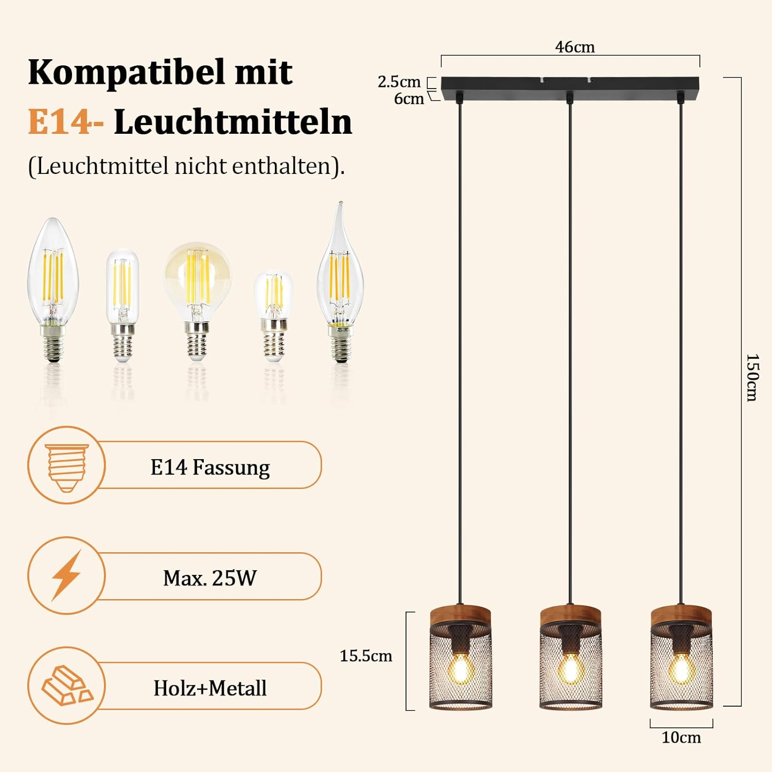 Drei Pendelleuchten mit Holz und Metallschirm, kompatibel mit E14 Leuchtmitteln.