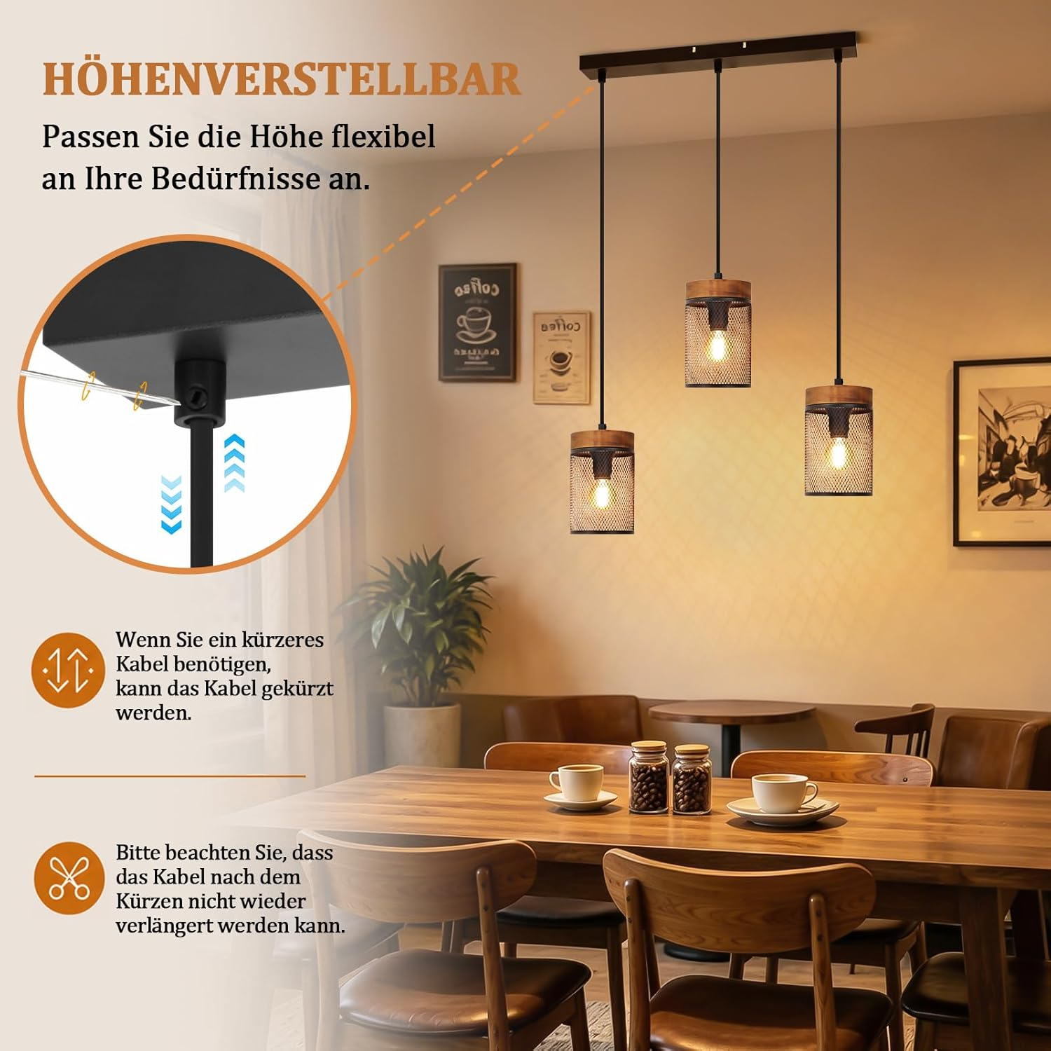 Höhenverstellbare Pendelleuchte über einem Holzesstisch mit Stühlen.