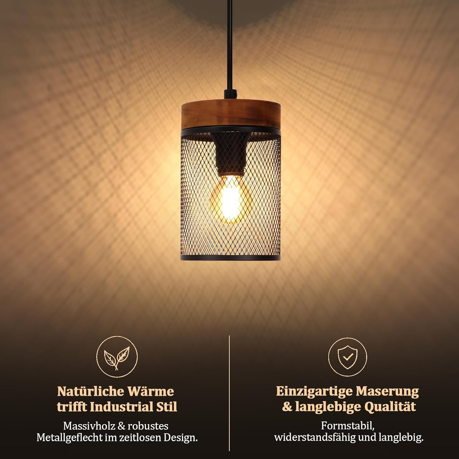 Industrielle Pendelleuchte mit Holzdekor und Metallgitter.