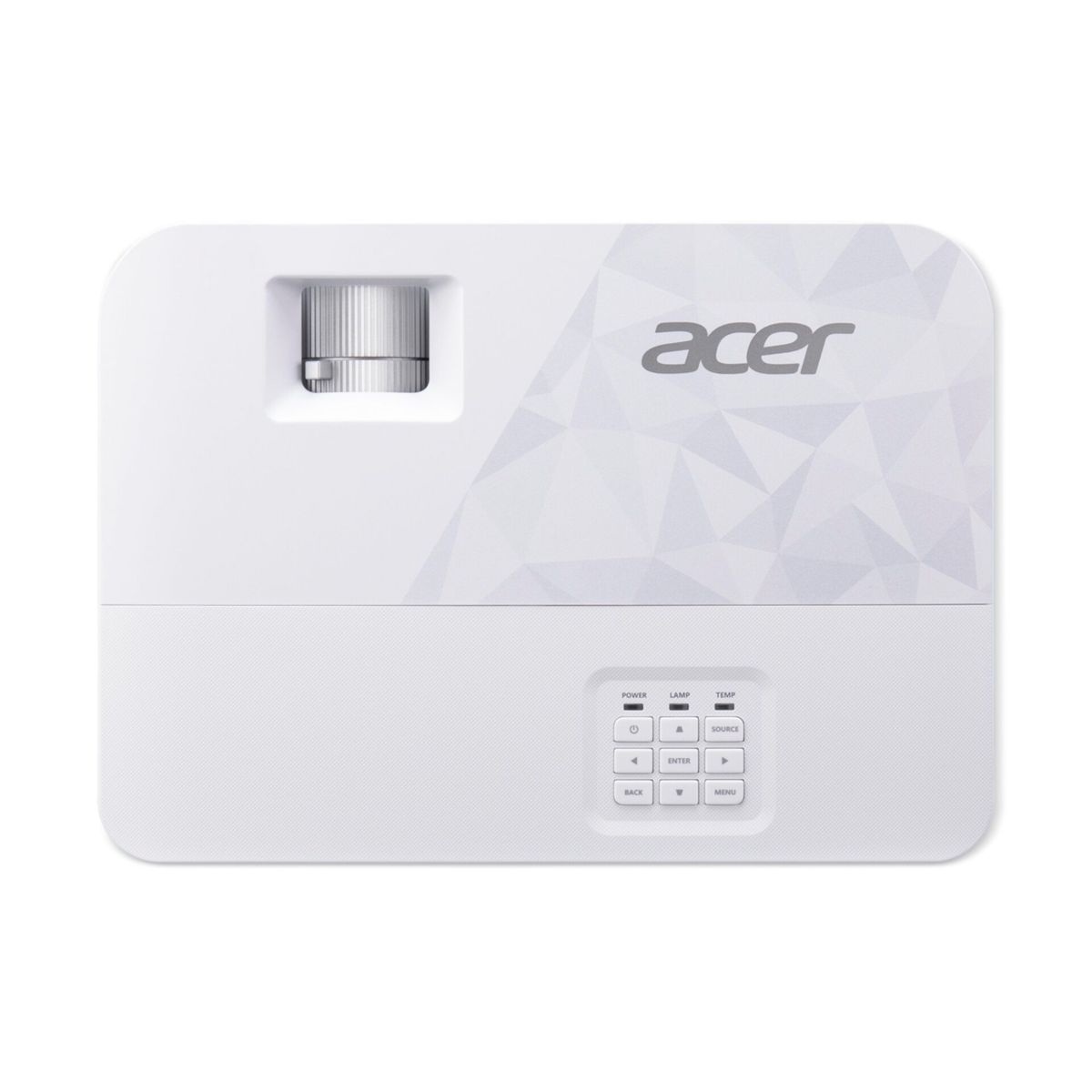 Ein weißer Acer-Projektor mit Linse oben und Bedienelementen unten.