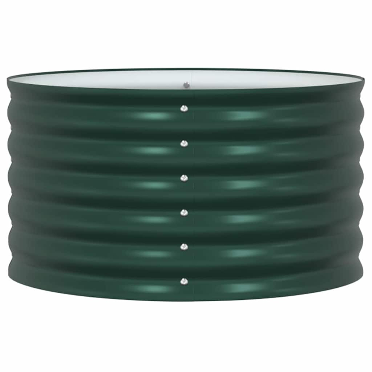 Parete tonda di metallo verde scuro per aiuola rialzata, con ondulazioni e rivetti.