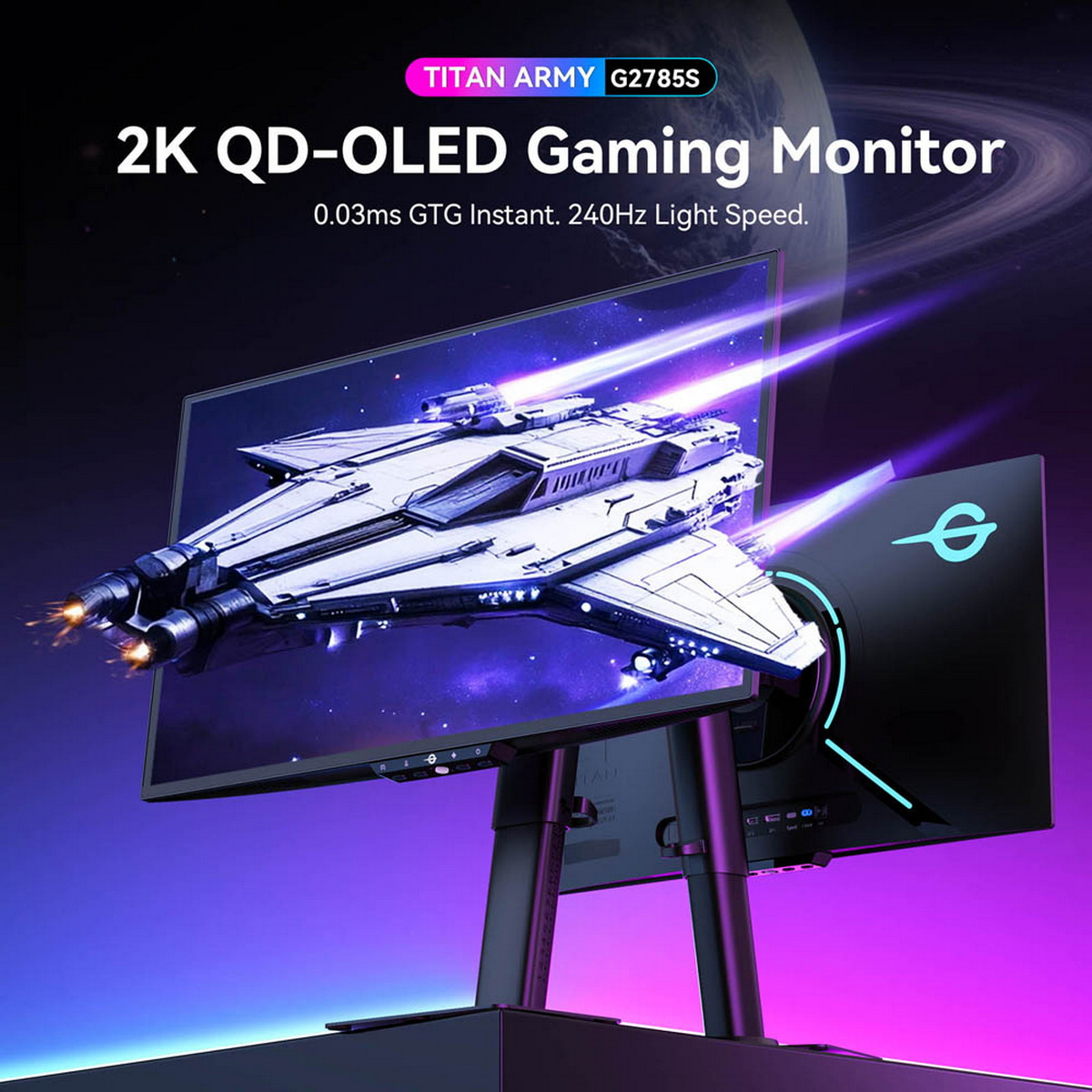 Un monitor gaming que muestra una nave espacial volando por la pantalla.