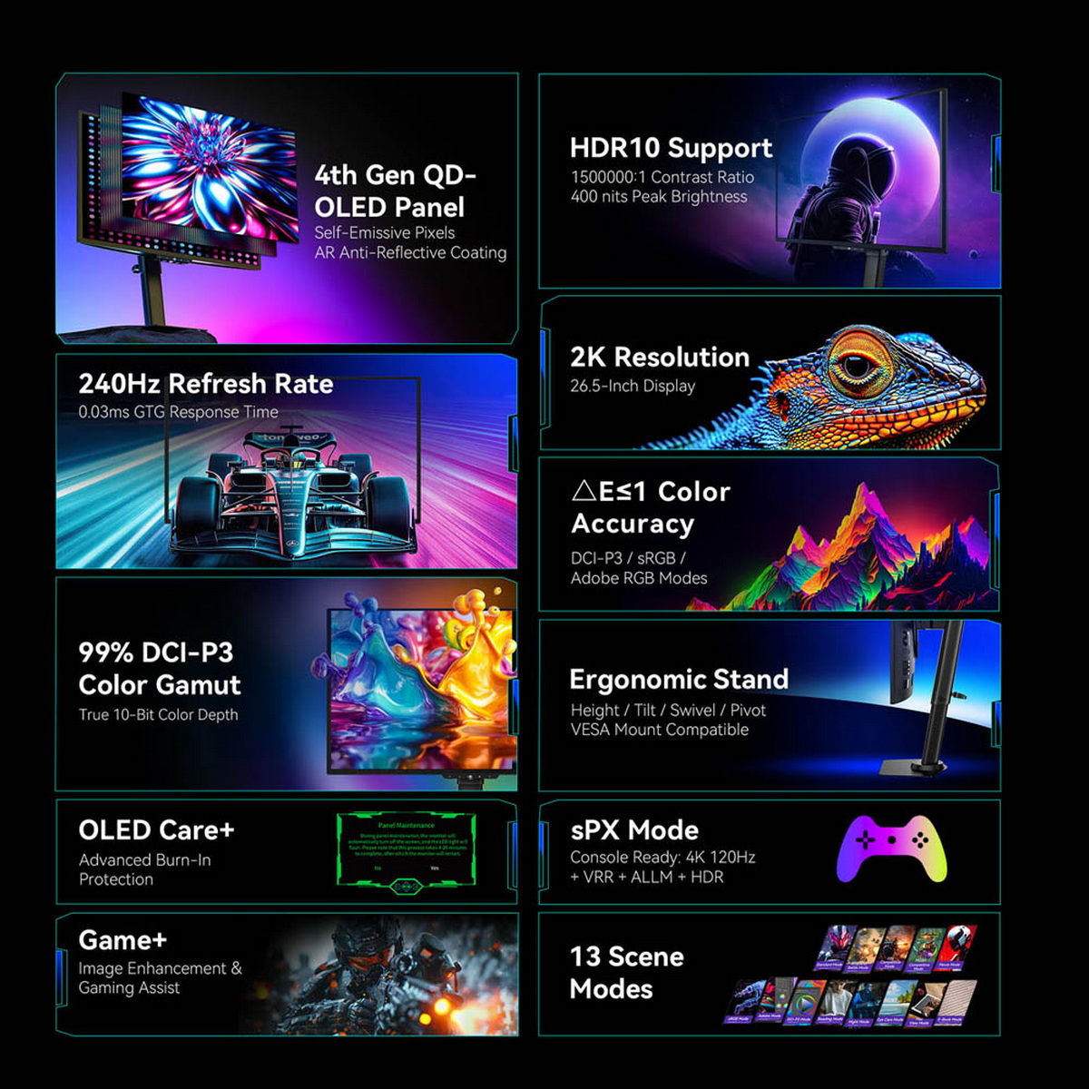 Un monitor con panel QD-OLED, HDR10, 240Hz, resolución 2K, precisión de color, soporte ergonómico y funciones de juego.