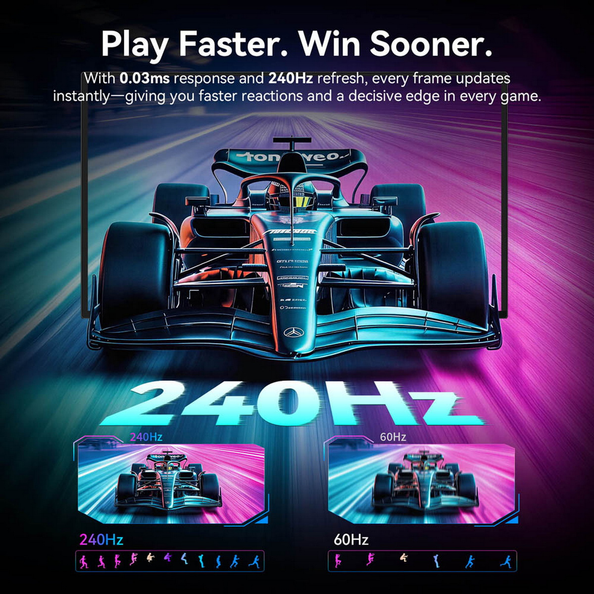 Un coche de F1 corre en una pista de neón, con texto sobre 240Hz.