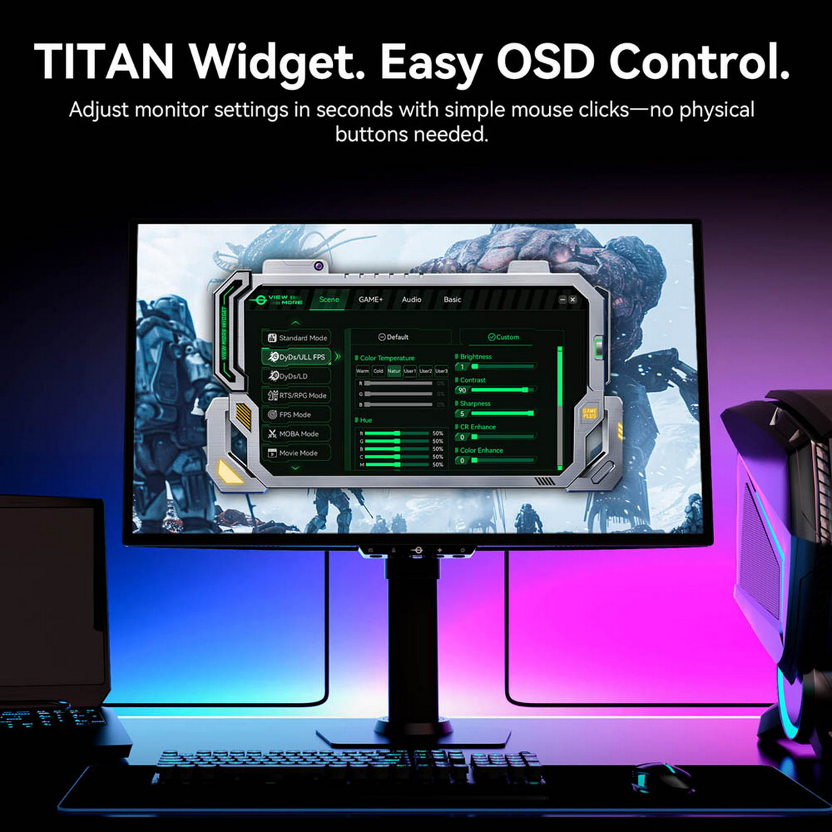 Monitor zeigt TITAN Widget OSD mit Farb-, Helligkeits- und Kontrasteinstellungen.