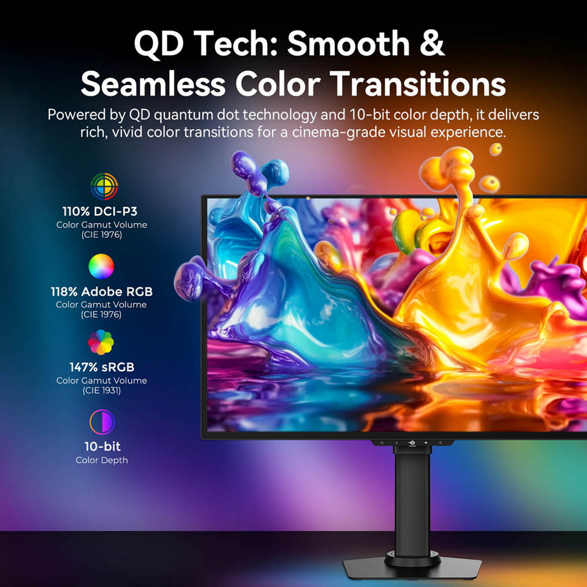 Un monitor muestra colores vibrantes y salpicados, con especificaciones de precisión de color.