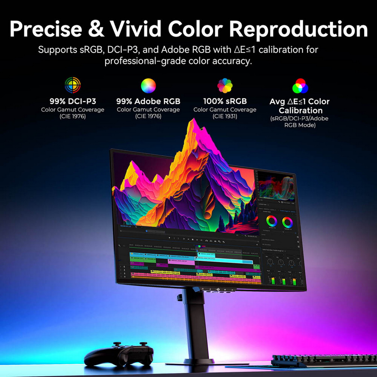 Monitor muestra montañas abstractas coloridas. El texto detalla la precisión del color.