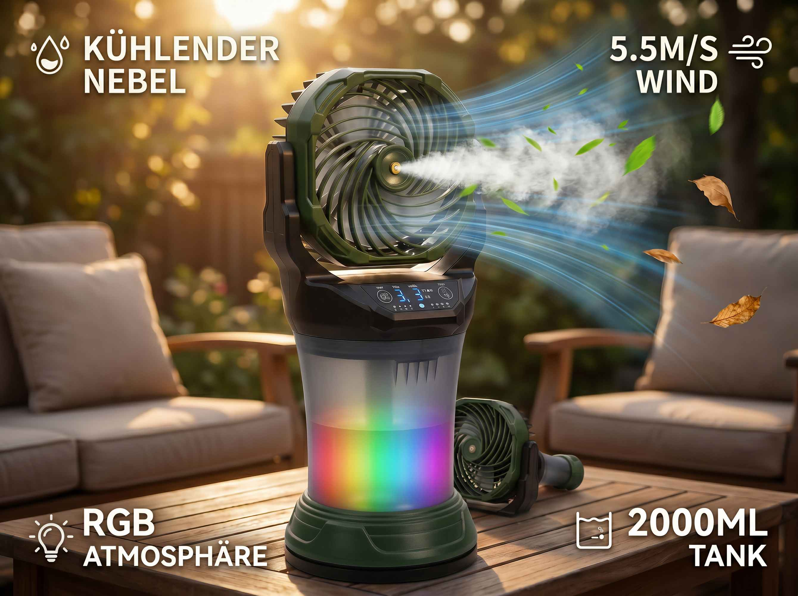 Ein Ventilator mit Nebel und RGB-Licht steht auf einem Holztisch im Freien.