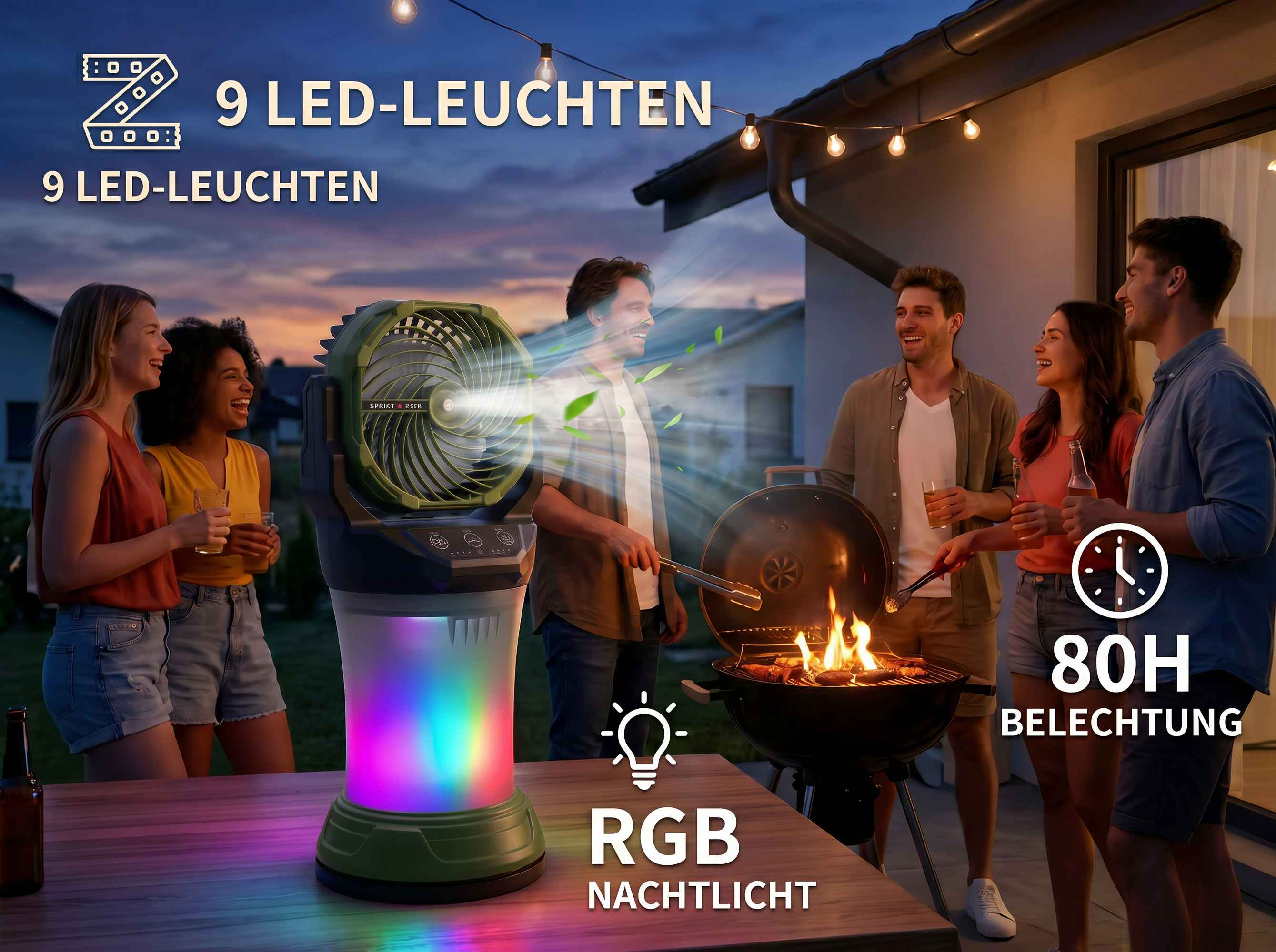 Leute grillen und ein Fan mit RGB-Licht auf einem Tisch im Freien.