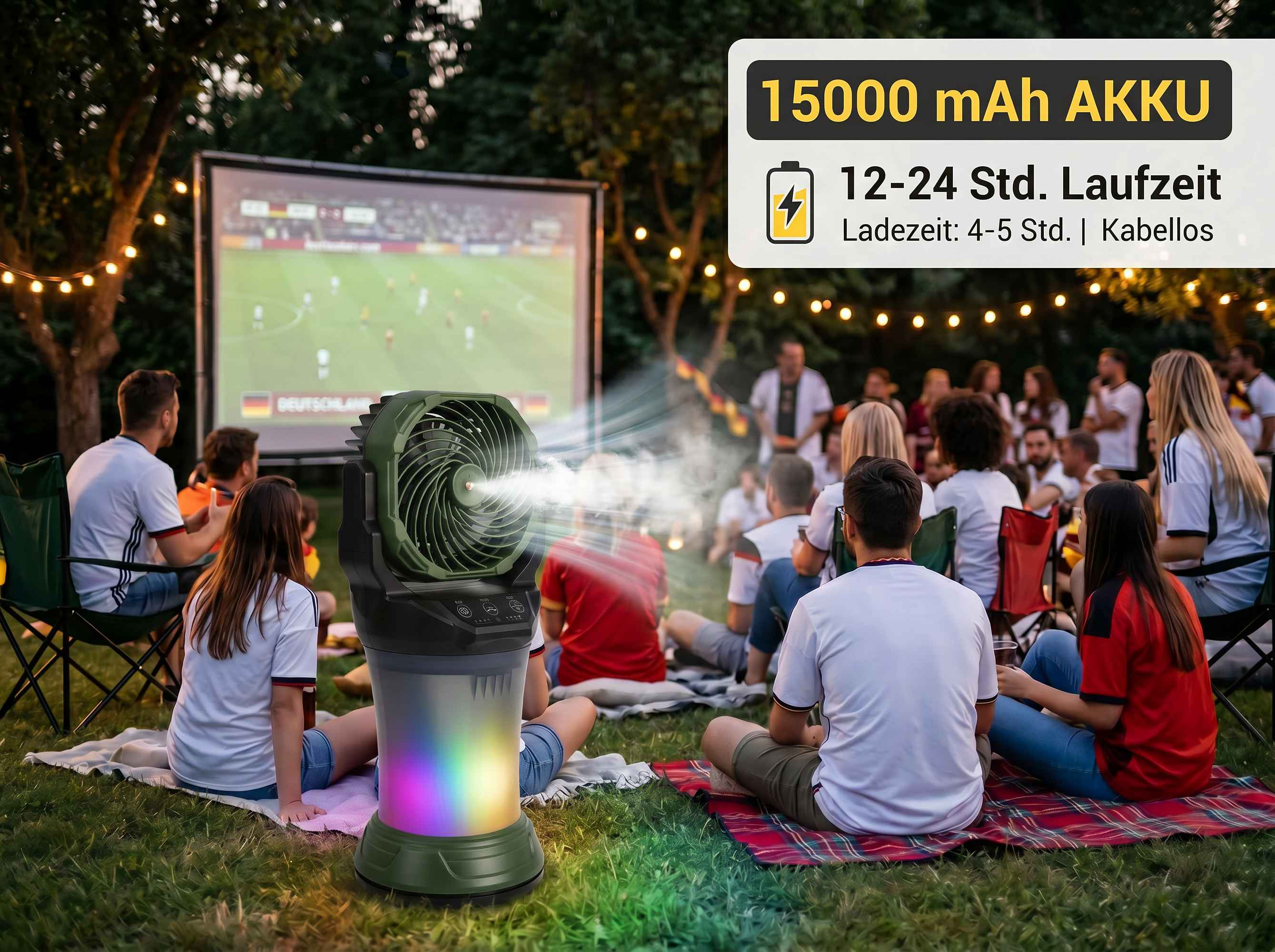 Menschen schauenFuball im Freien auf einer Leinwand, ein Ventilator bläst Luft.
