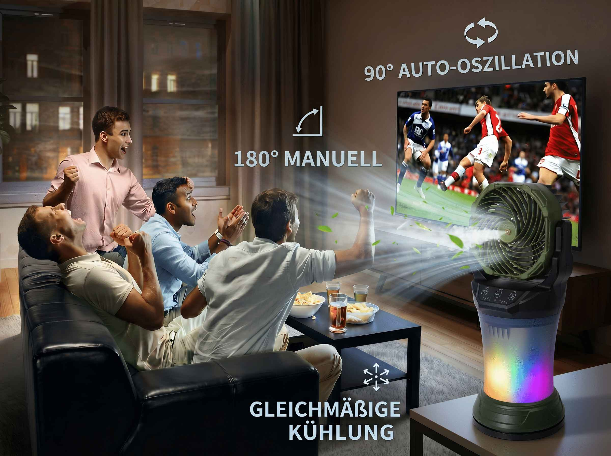 Vier Männer schauen Fußball. Ein Ventilator mit Farbwechsel und Luftstrom ist im Vordergrund.