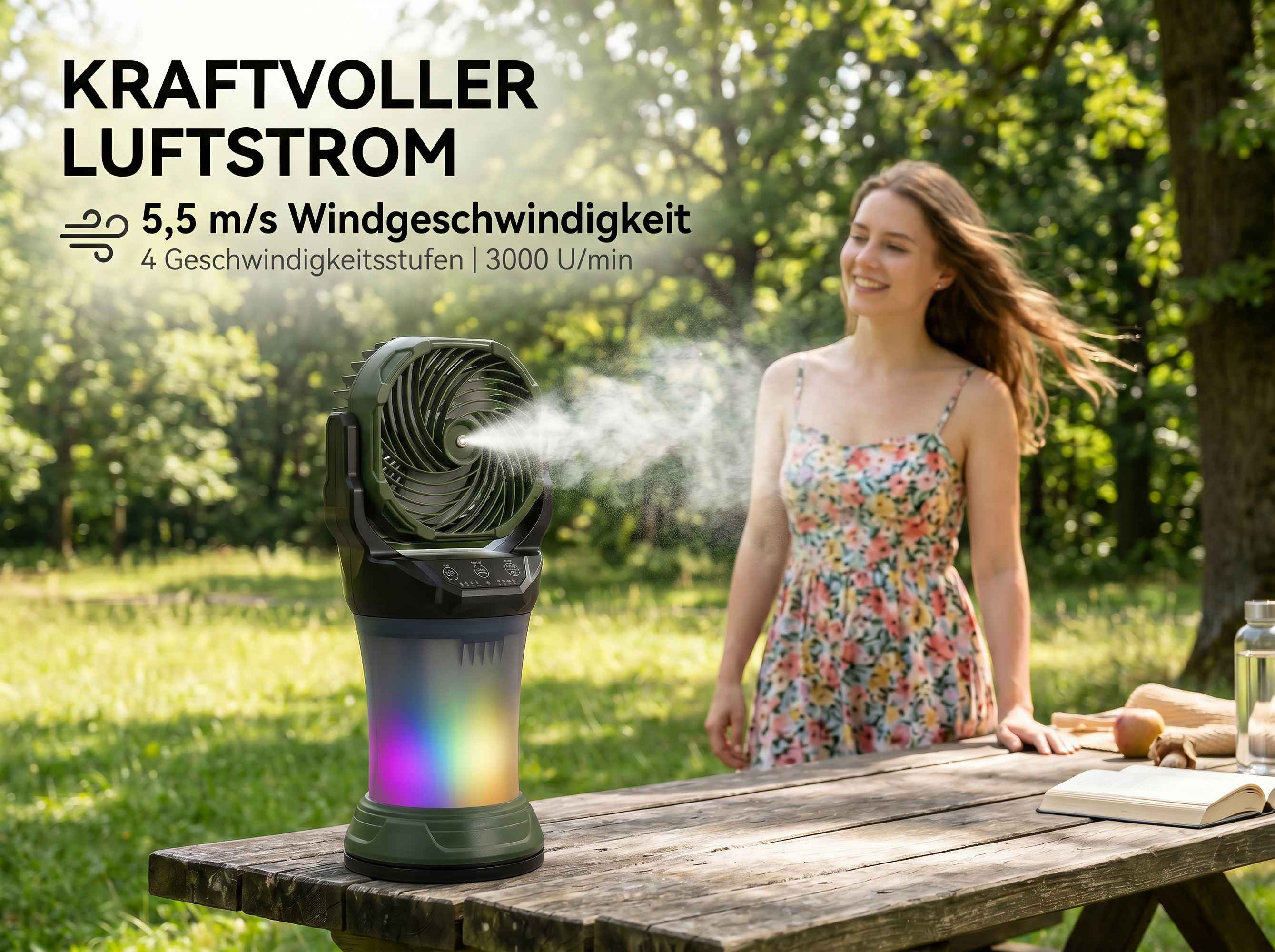 Ein tragbarer Ventilator mit Nebelfunktion und bunten Lichtern auf einem Holztisch im Freien.
