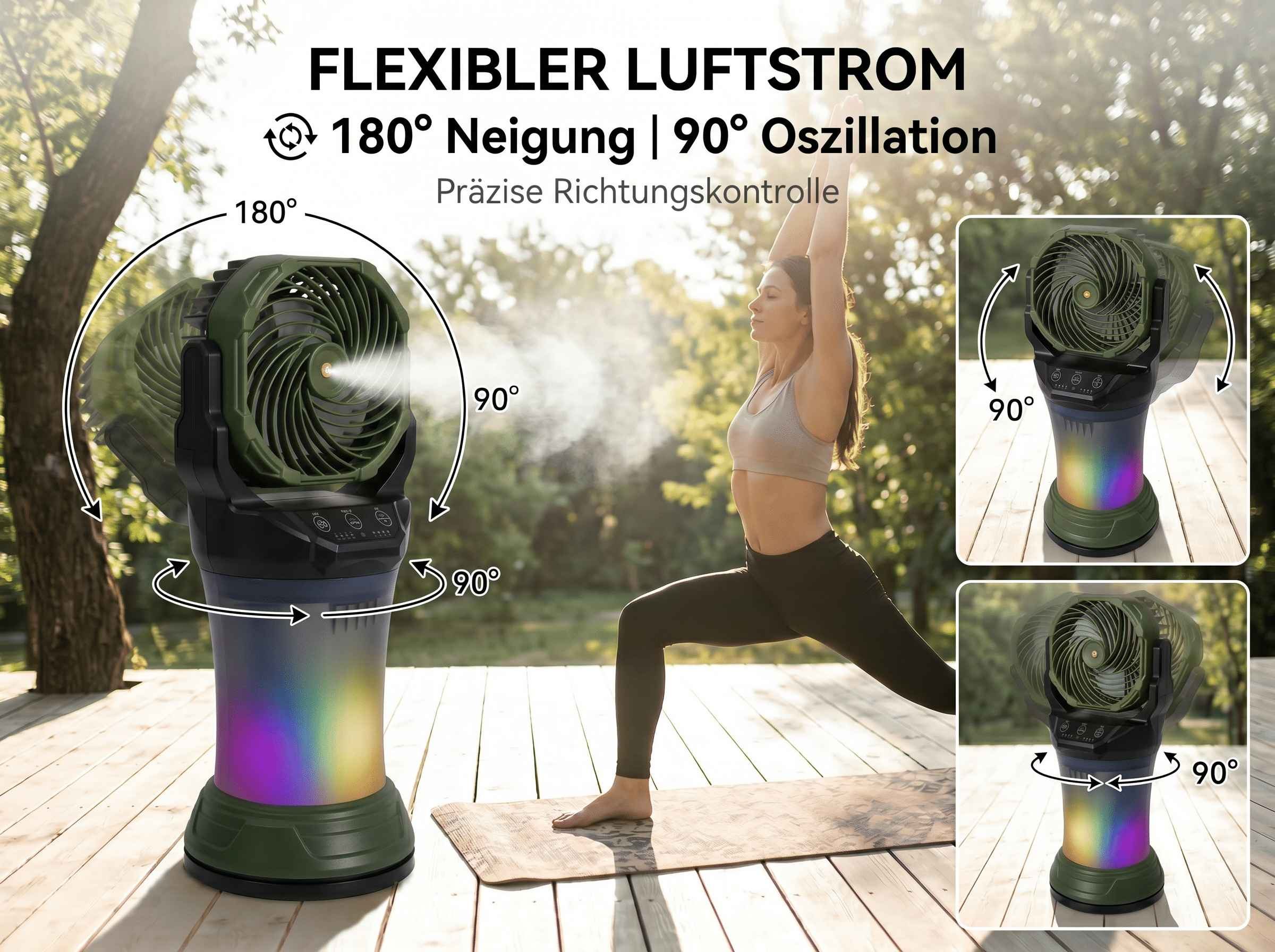 Ein Ventilator mit Farbwechsel-LEDs und einem neigbaren Kopf dreht sich.