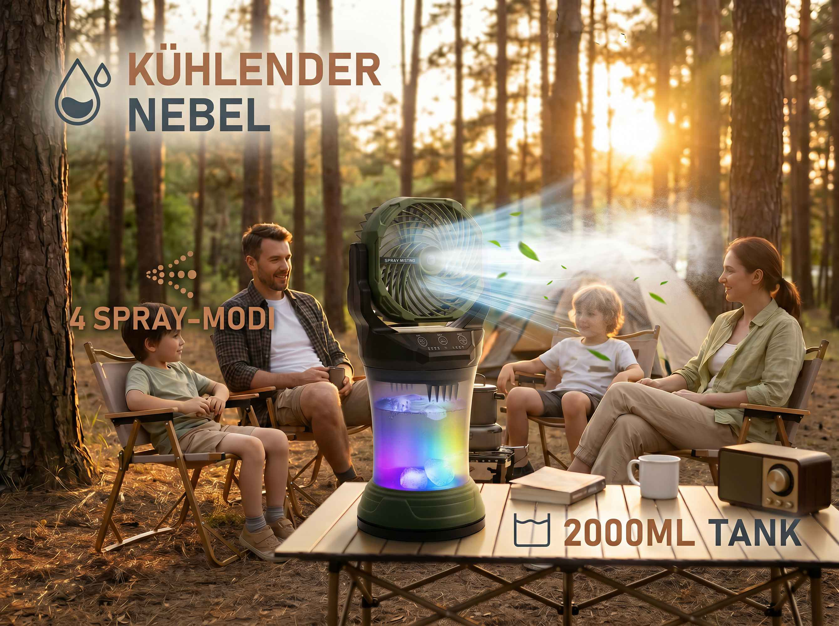 Eine Familie campt im Wald mit einem Kühlnebel-Ventilator und bunten Lichtern.