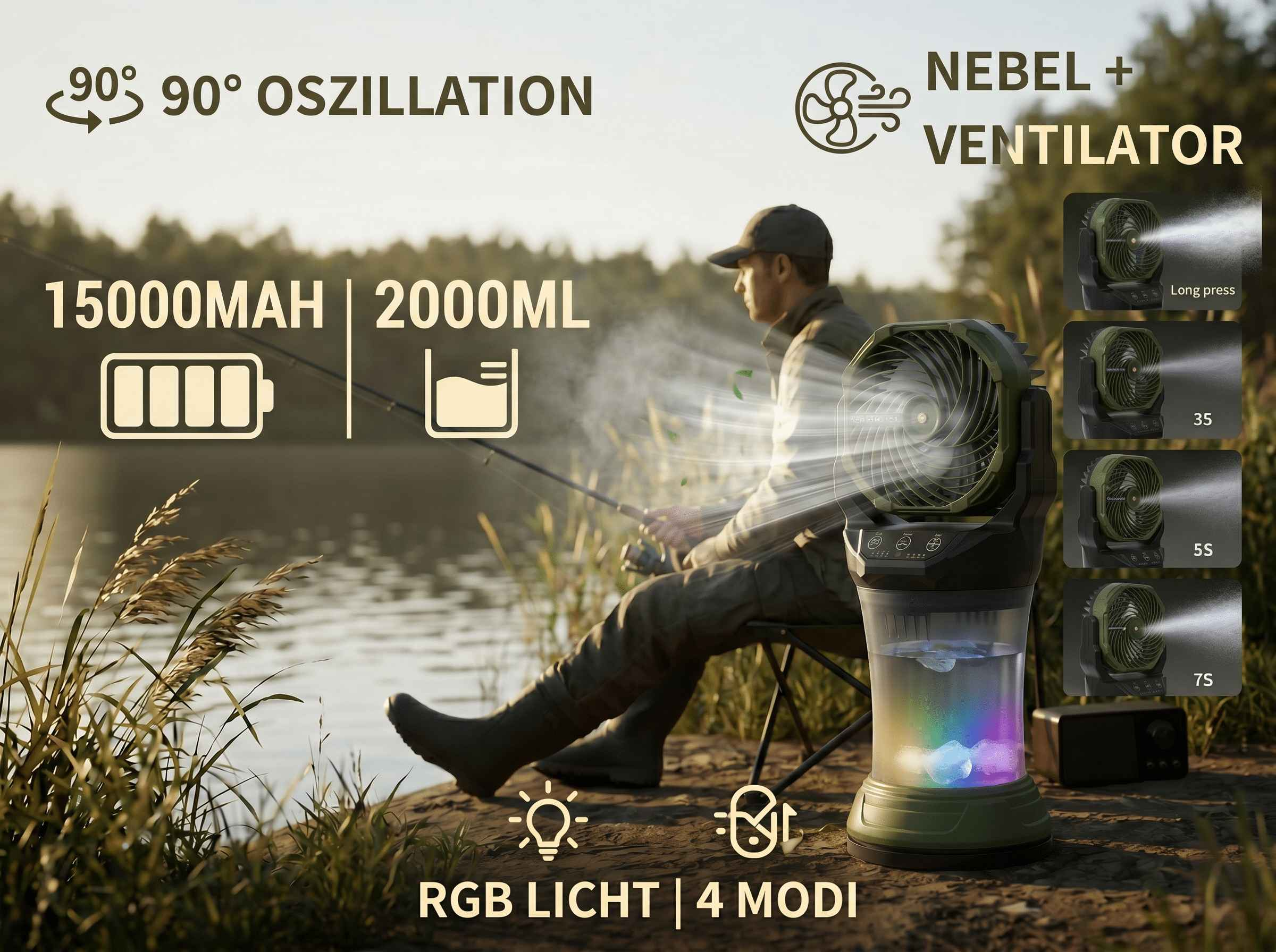 Ein Mann angelt am Wasser, neben ihm ein Nebelventilator mit RGB-Licht.