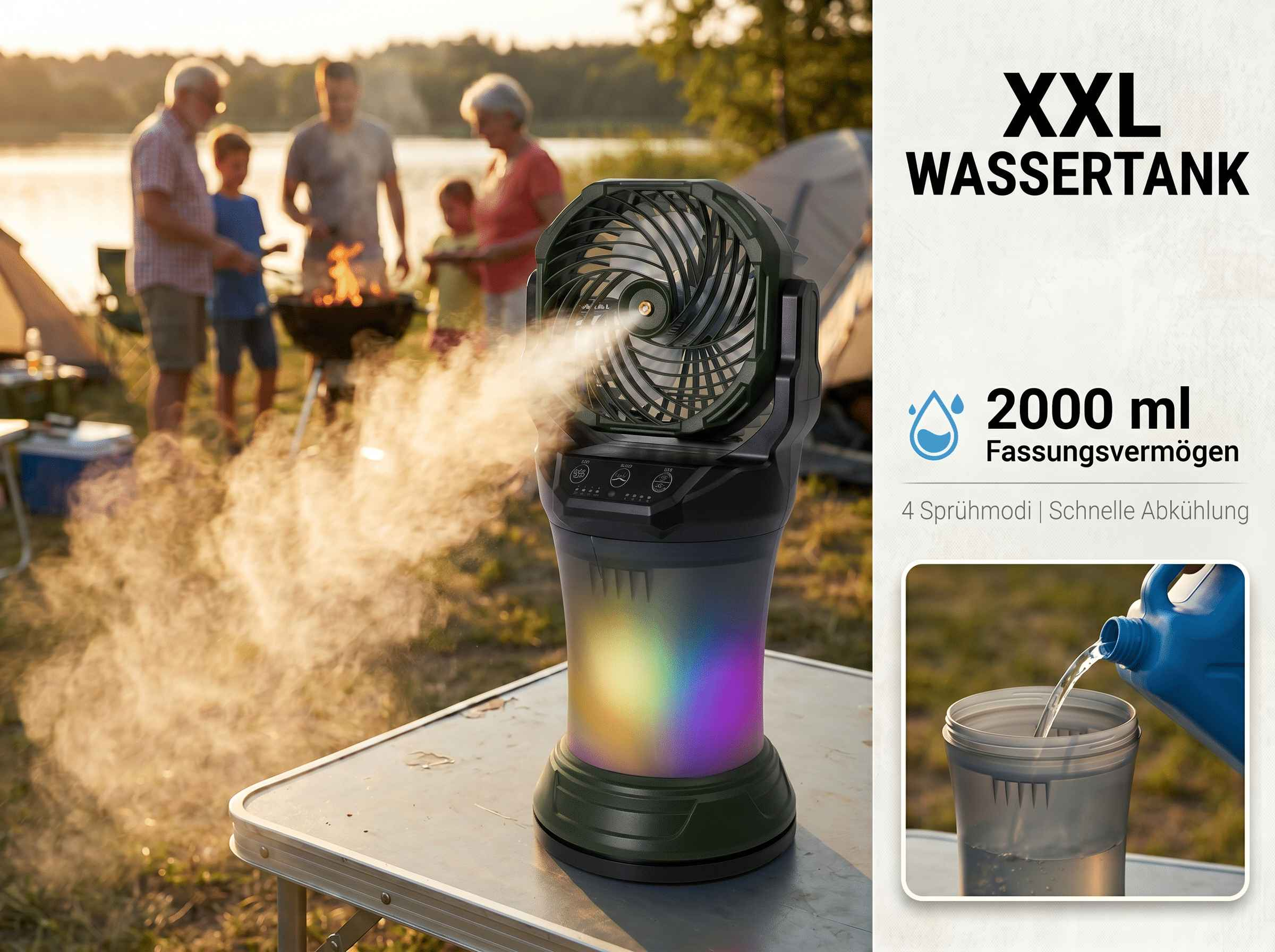 Ein Kühlventilator mit Nebelfunktion und bunten Lichtern steht auf einem Tisch, Familie grillt im Hintergrund.