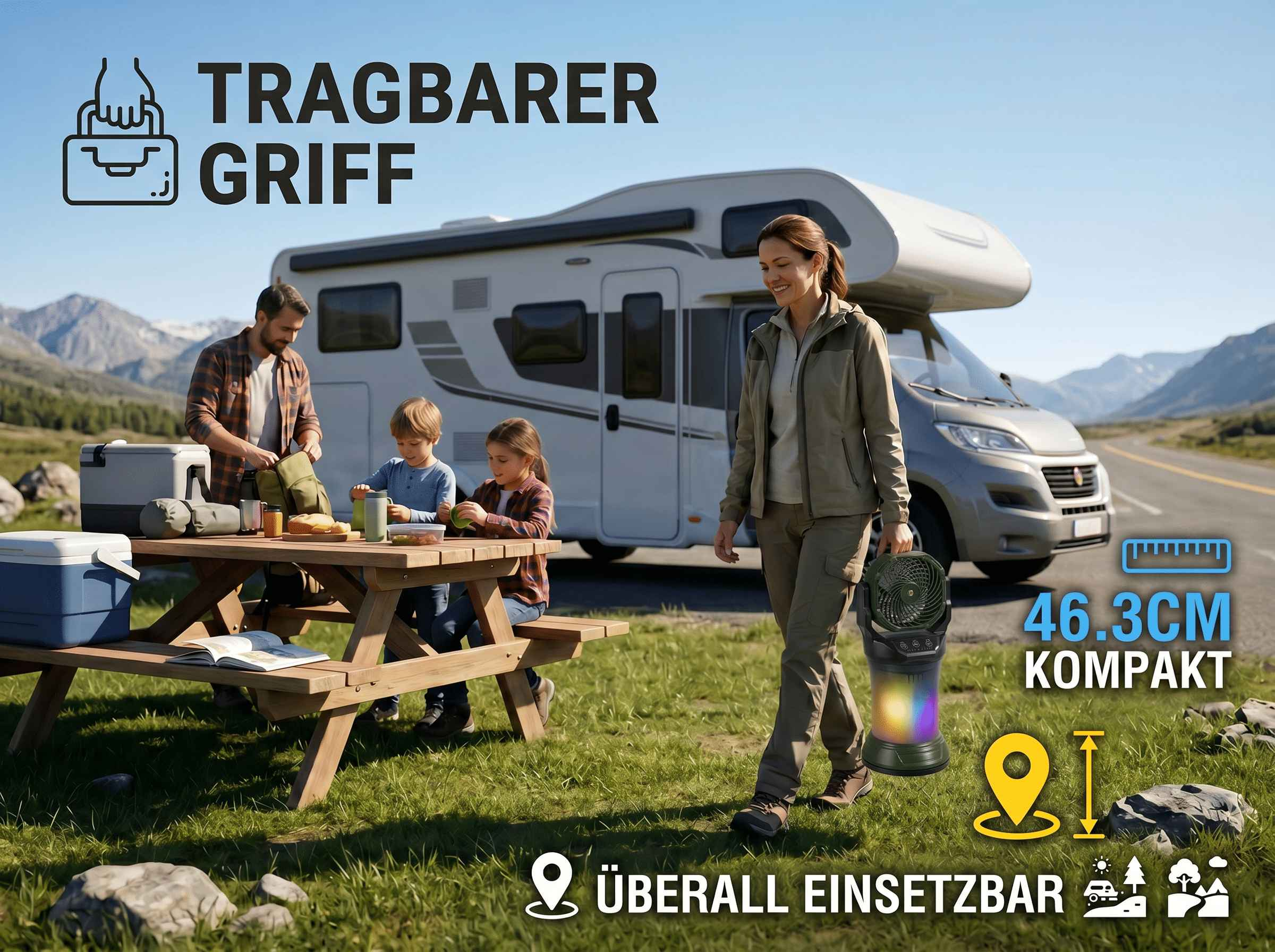 Familie campt mit Wohnmobil. Mann packt Rucksack, Kinder am Tisch. Frau trägt Ventilator.
