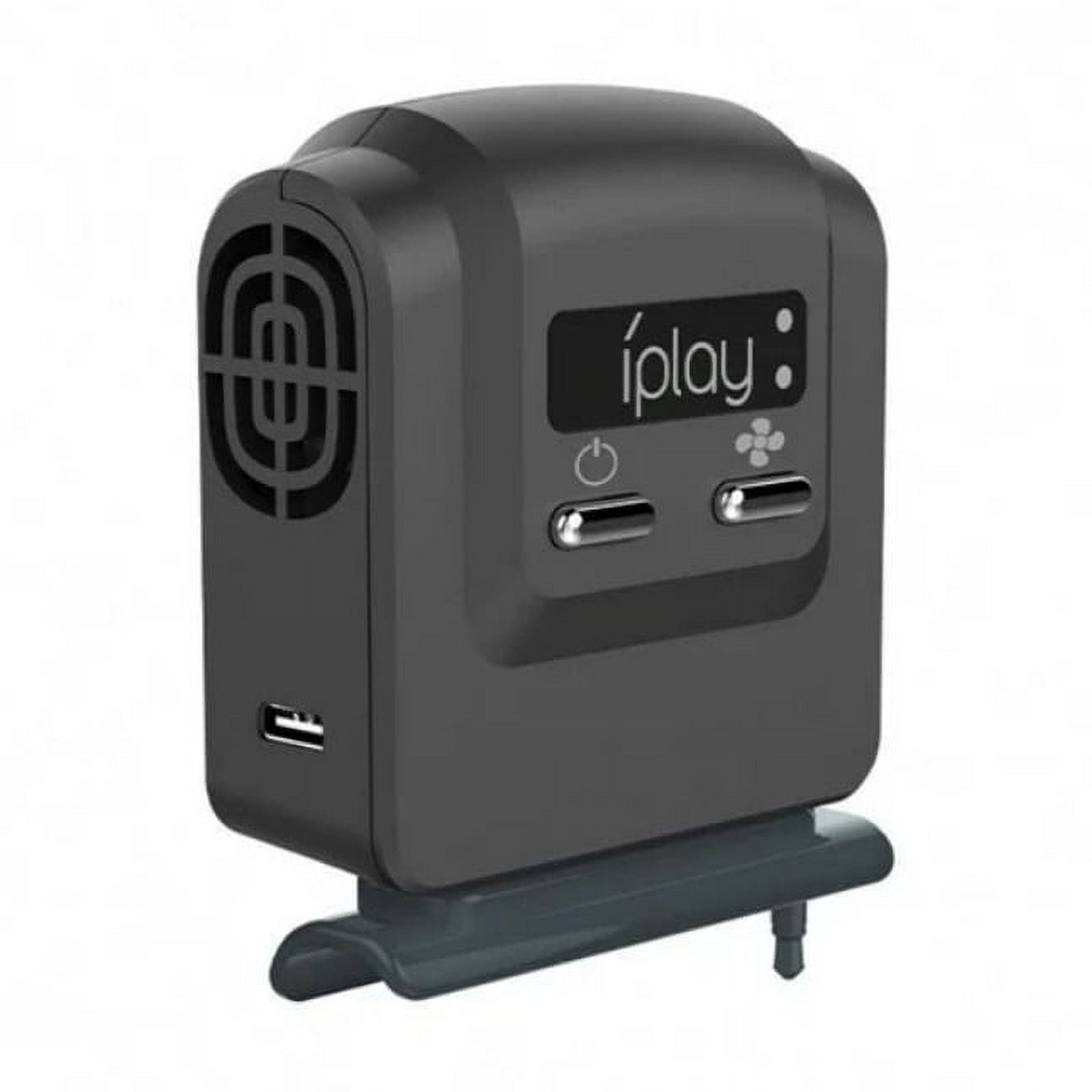 Schwarzer tragbarer Lüfter mit USB-Anschluss und "iplay"-Logo.