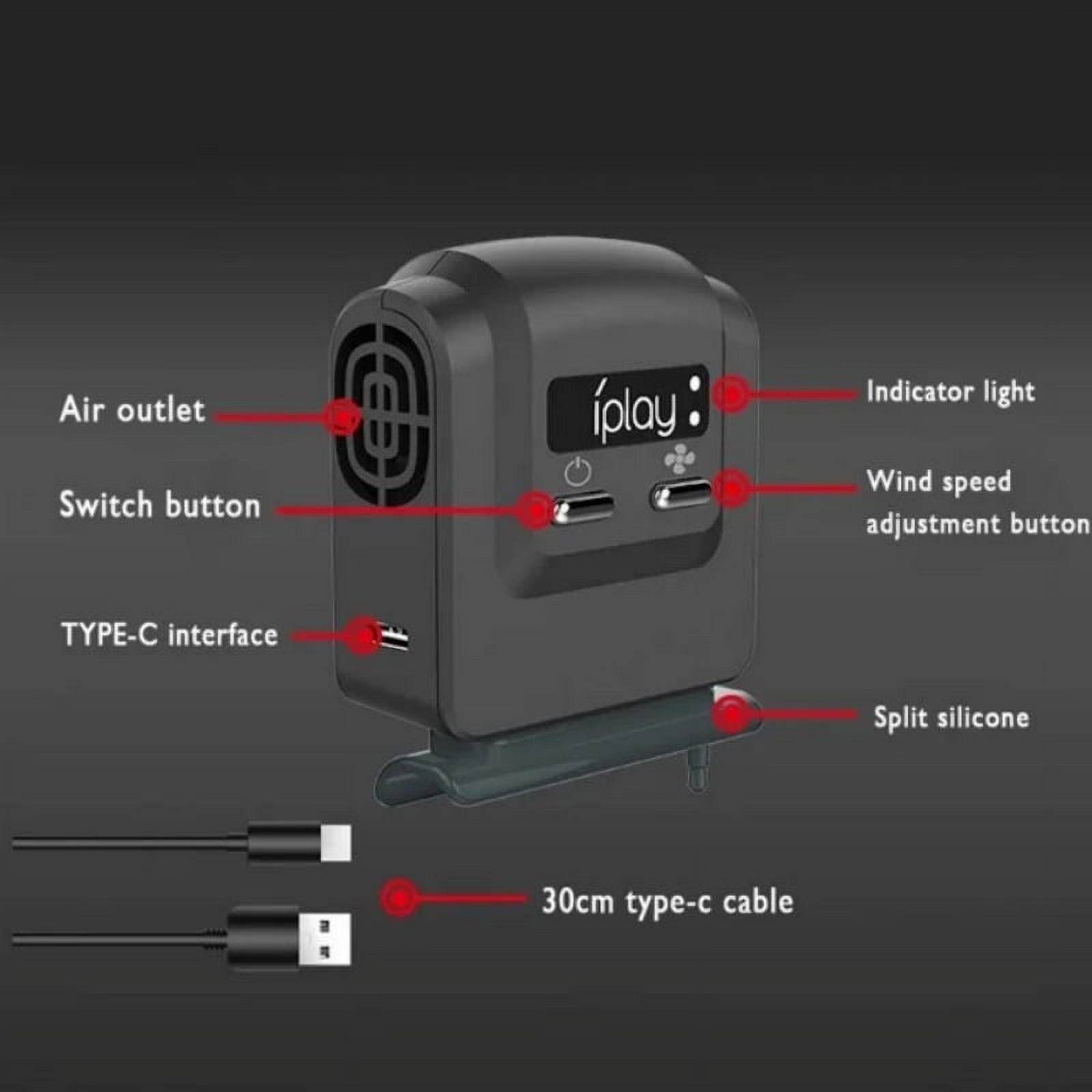 Schwarzer iPlay-Ventilator mit Luftauslass, Tasten, TYPE-C, Kontrollleuchte und Kabeln.