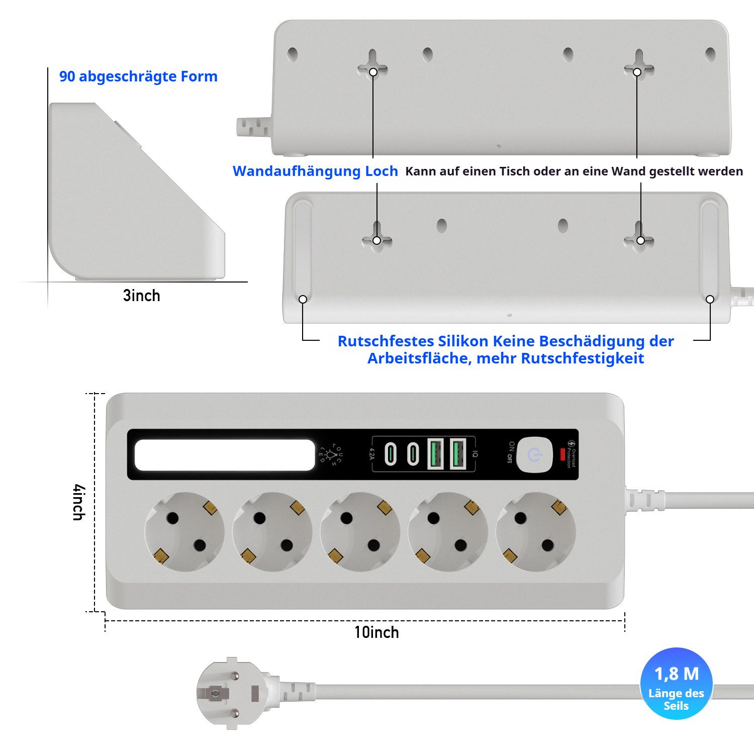 Weiße Steckdosenleiste mit 5 Steckplätzen, 3 USB-Anschlüssen und einem Netzschalter.