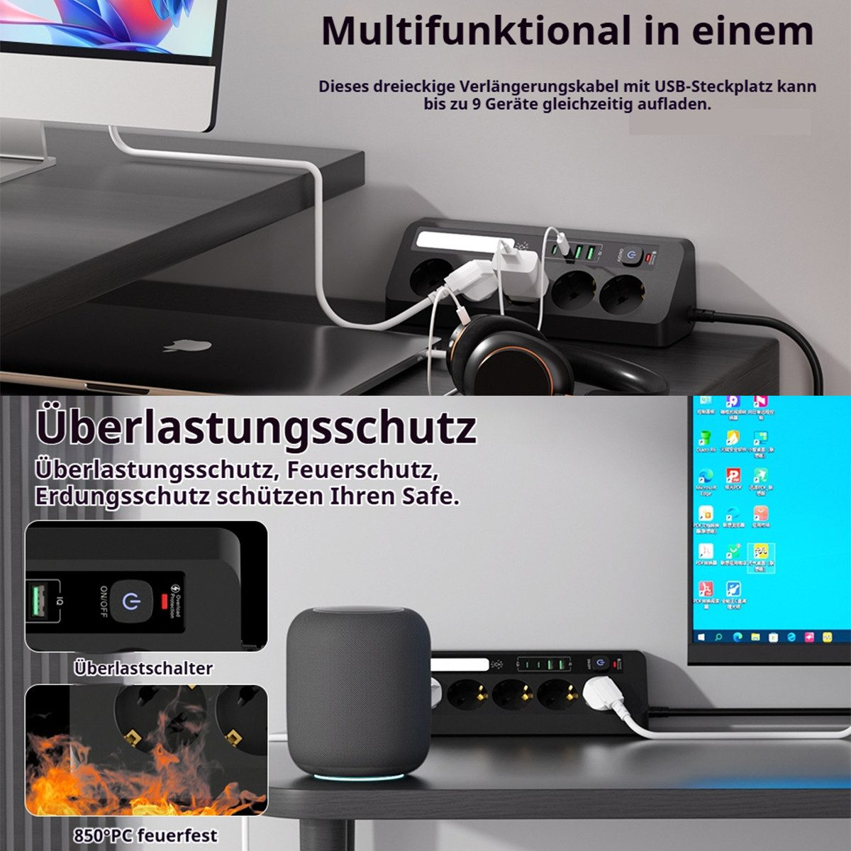 Schwarzer Mehrfachstecker mit USB-Ports und Netzschalter, daneben ein Lautsprecher und ein Monitor.