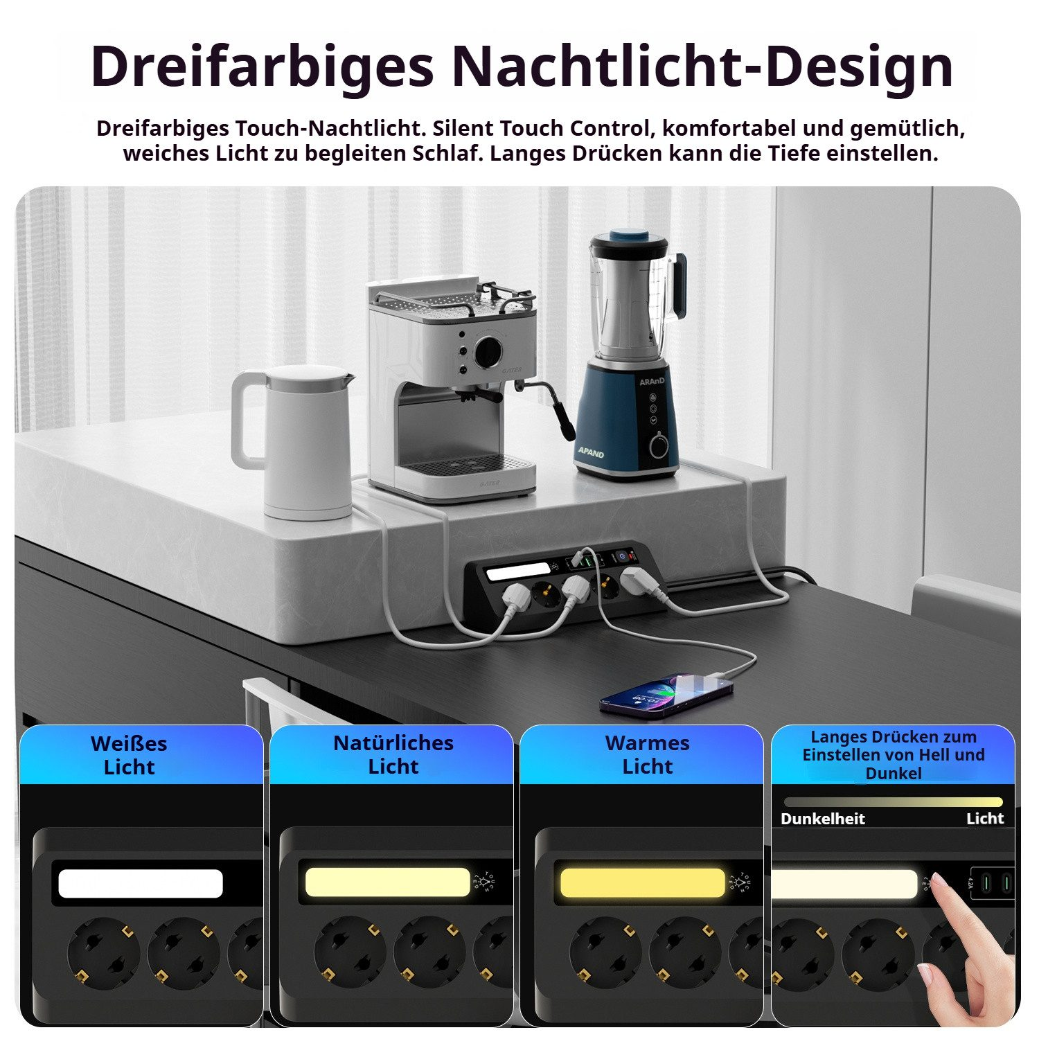 Dreifarbige Nachttischlampe mit drei Lichtmodi: weiß, natürlich, warm. Helligkeit einstellbar.