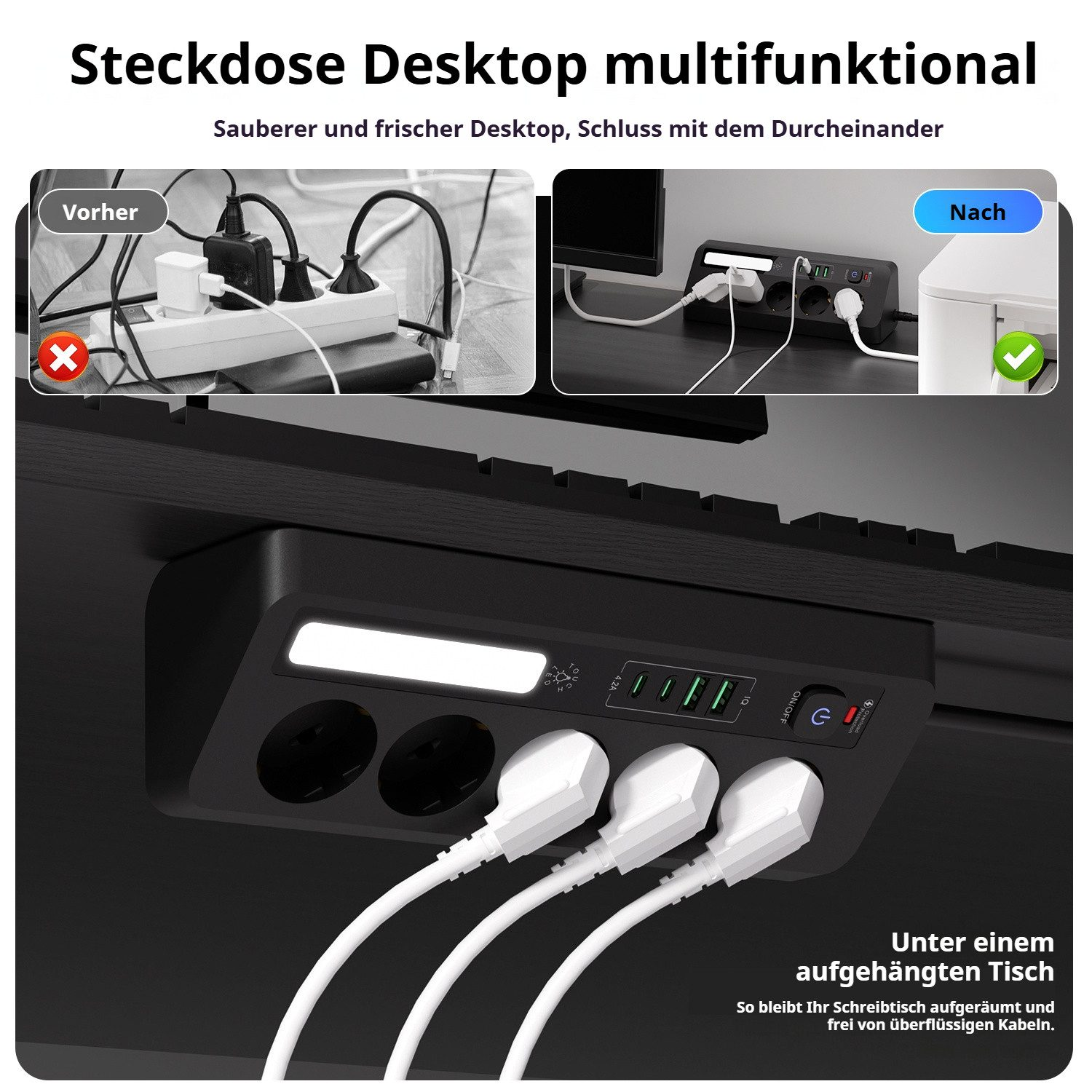 Vorher/Nachher-Vergleich einer Steckdosenleiste mit USB-Ports und Beleuchtung.
