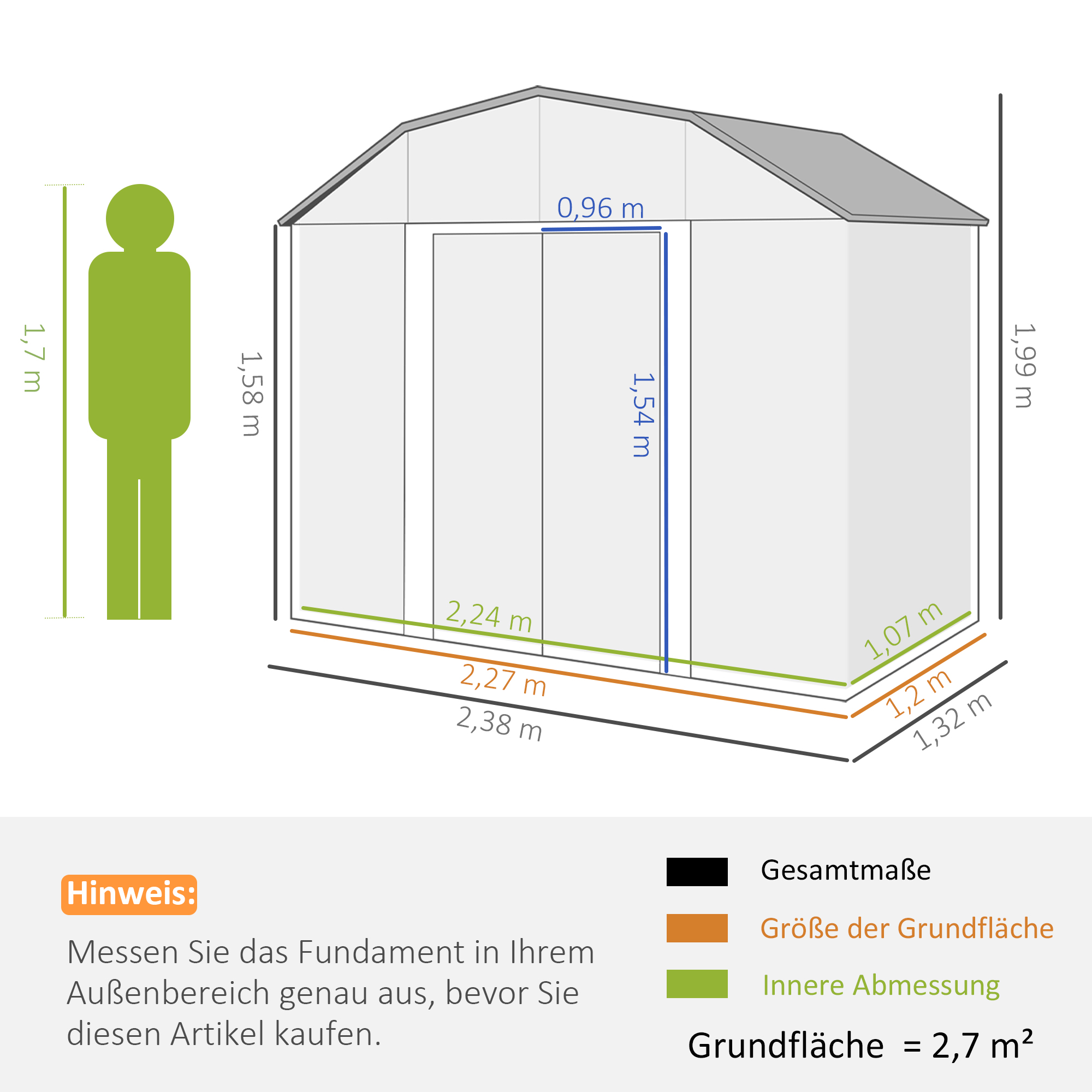 Grundriss eines Schuppens mit Maßen und einer menschlichen Figur als Skala. Fläche: 2,7 m².