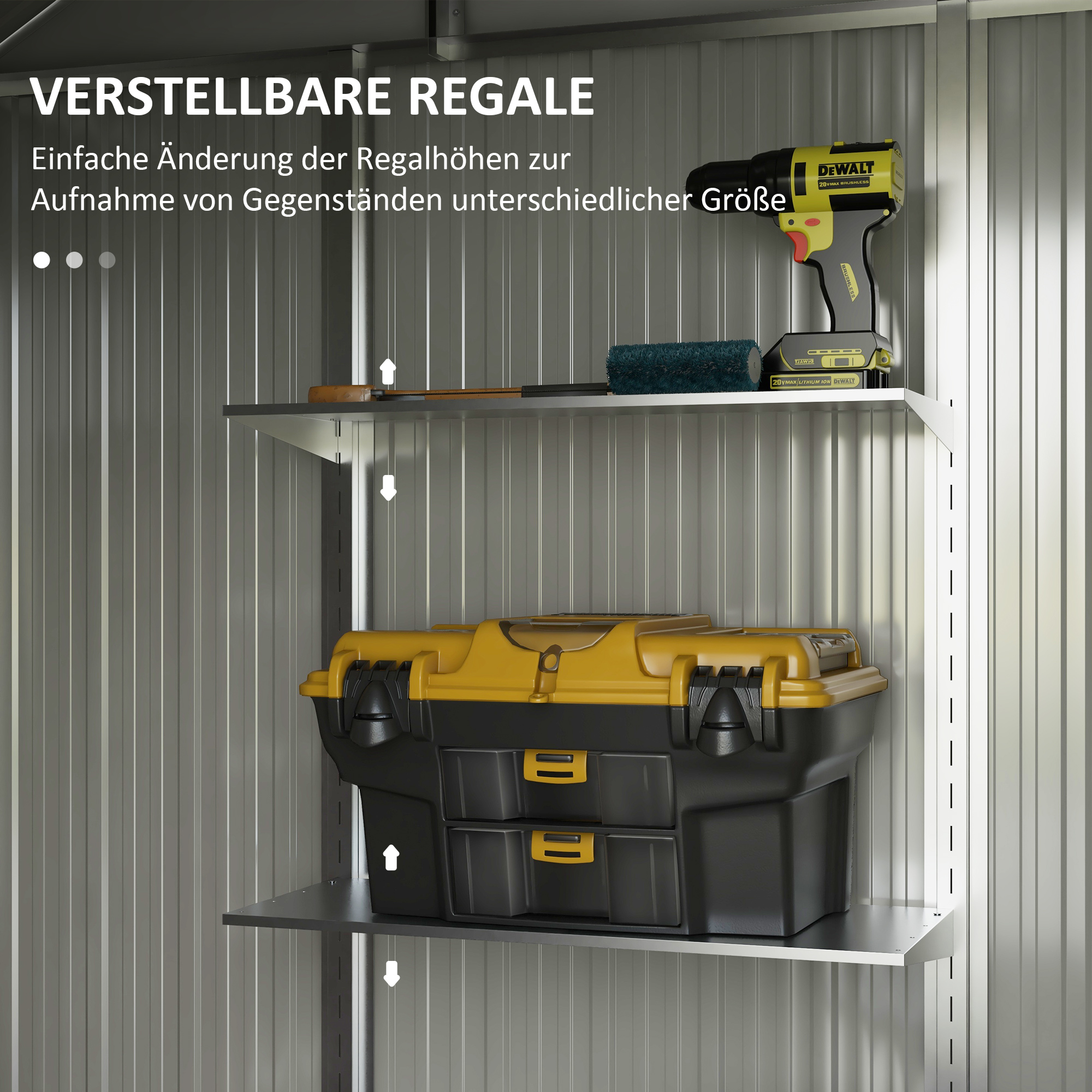 Ein Werkzeugschrank mit Werkzeugen und einer großen Werkzeugkiste auf den Regalen.