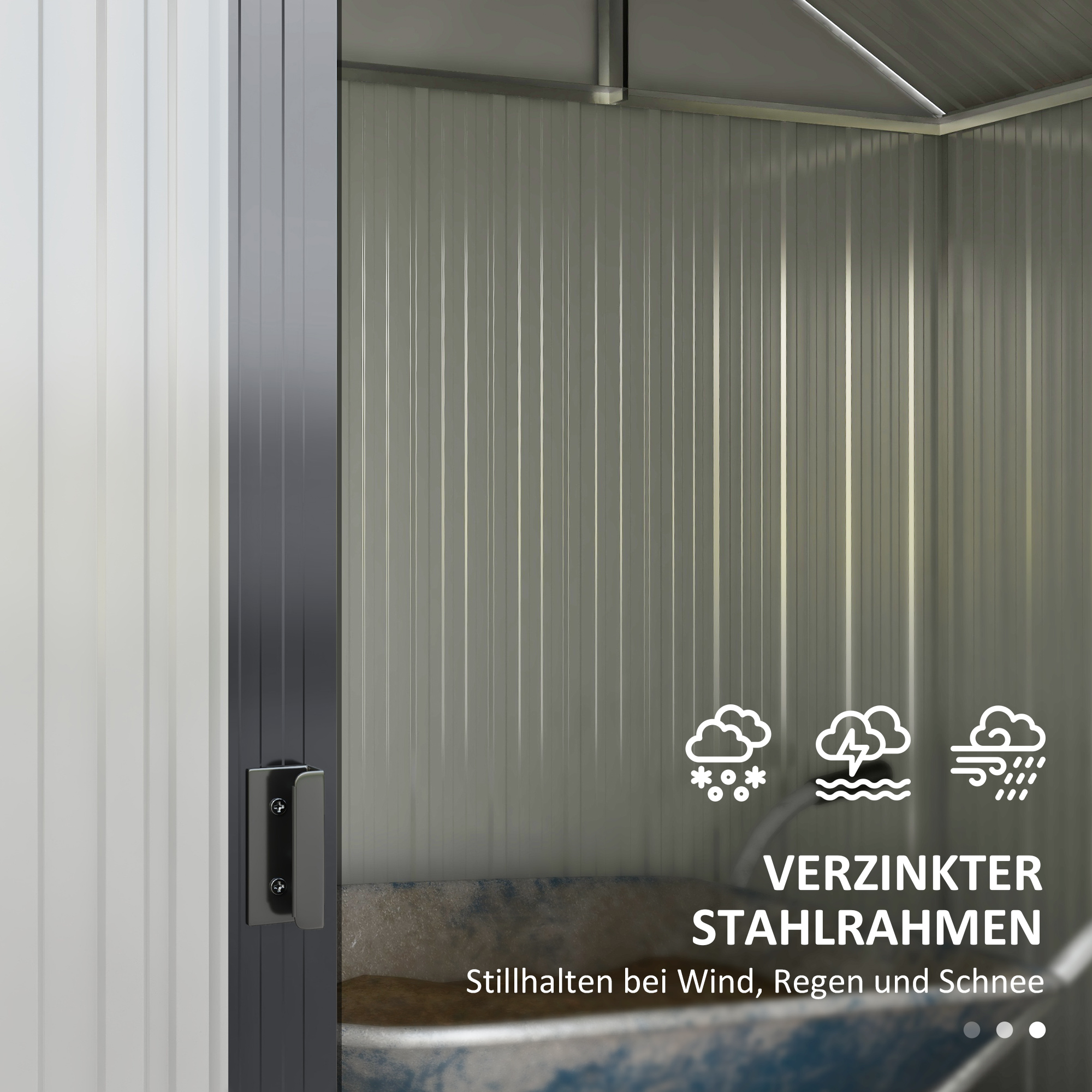 Innenansicht eines Schuppens mit verzinktem Stahlrahmen. Wetter-Icons für Schnee, Sturm und Regen.