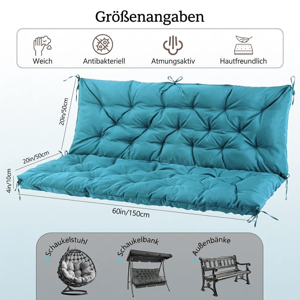 Türkiser 3-Sitzer-Schaukelsitzpolster mit Maßangaben und Symbolen für Weichheit.