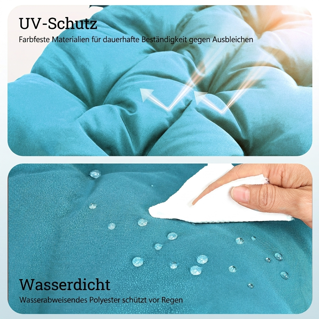 Türkisblaues Polster mit UV-Schutz und wasserabweisender Beschichtung.