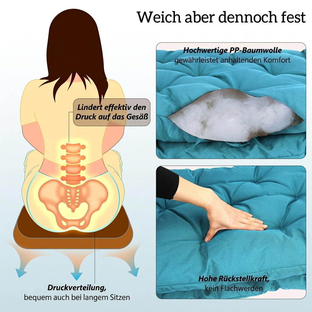 Illustration zeigt eine Person auf einem Kissen, das den Druck auf das Gesäß verteilt.
