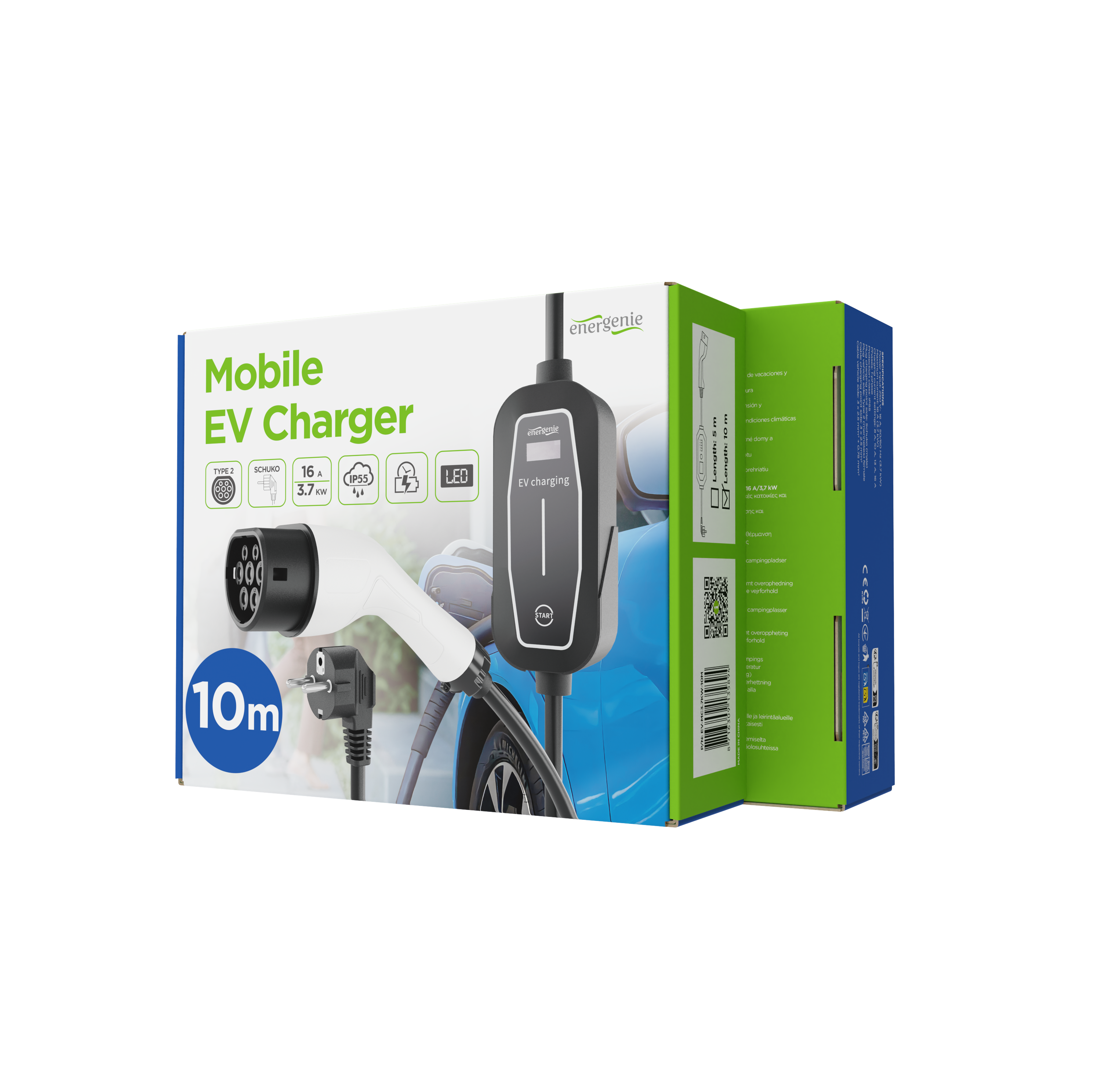 Verpakking mobiele EV-lader met 10m kabel, Type 2 stekker, 16A/3.7kW.