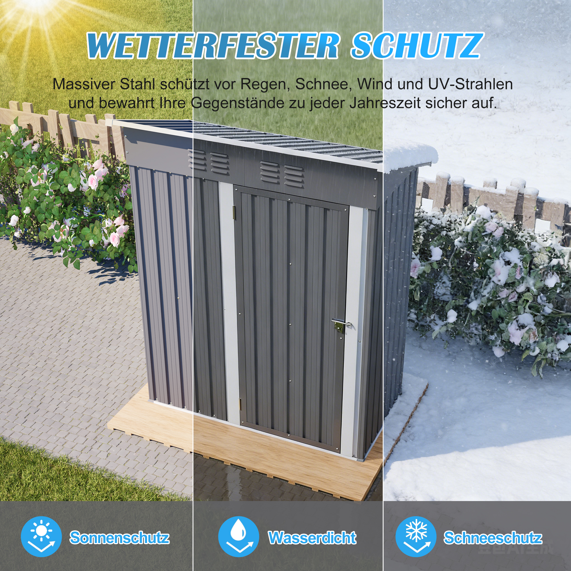 Ein grauer Gartenschrank steht im Freien, geschützt vor Sonne, Regen und Schnee.