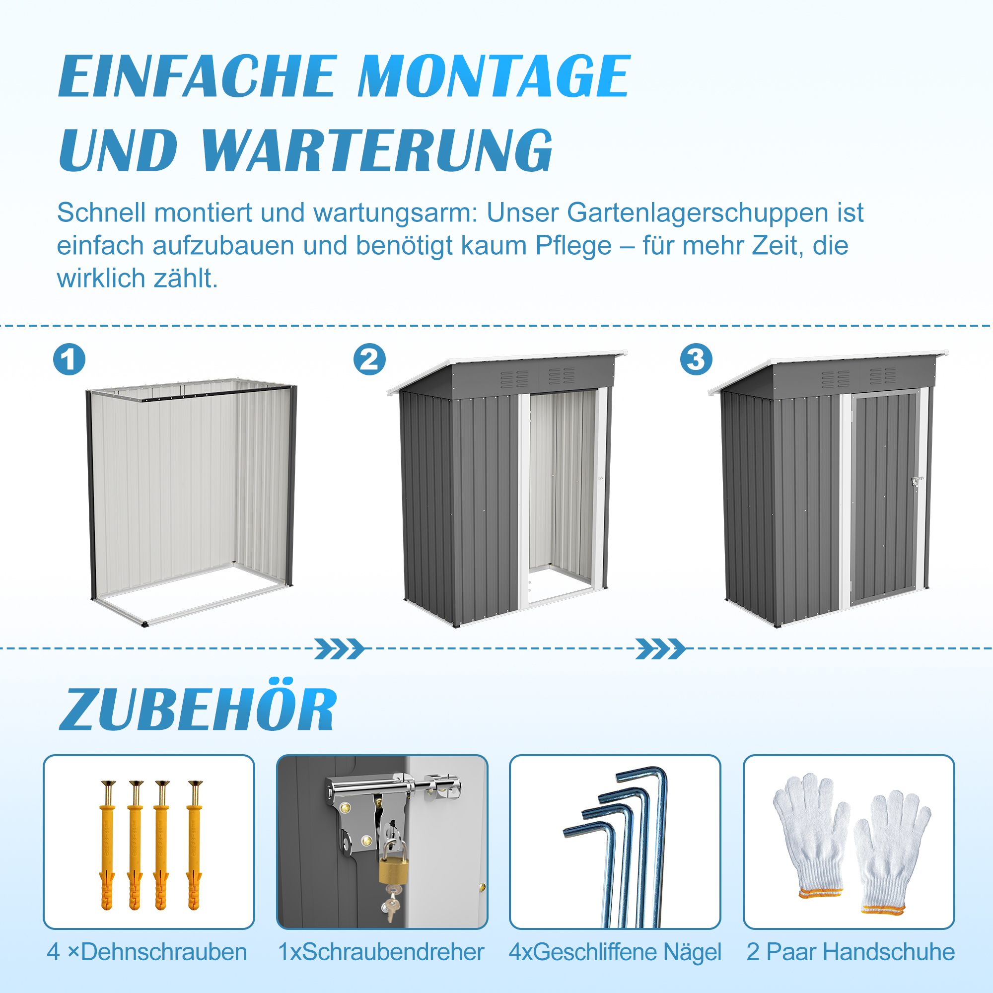 Montageschritte eines Gartenschuppens und Zubehör: Dübel, Schloss, Schlüssel, Inbusschlüssel, Handschuhe.