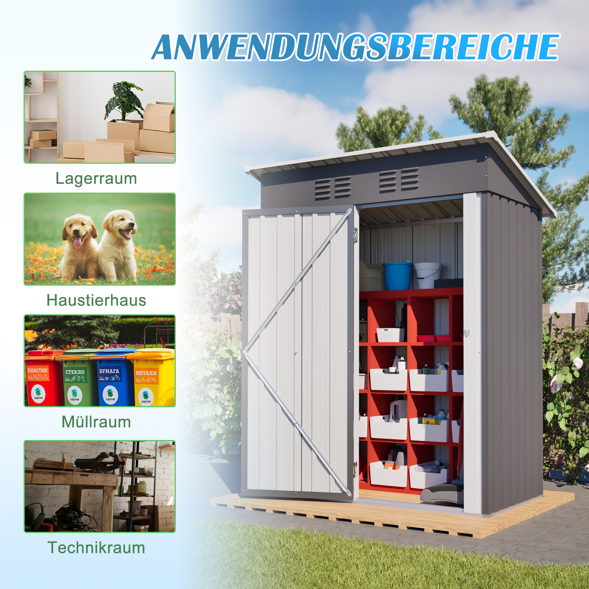 Ein grauer Gartenschuppen mit offenen Türen zeigt rote Regale voller weißer Behälter und Eimer.